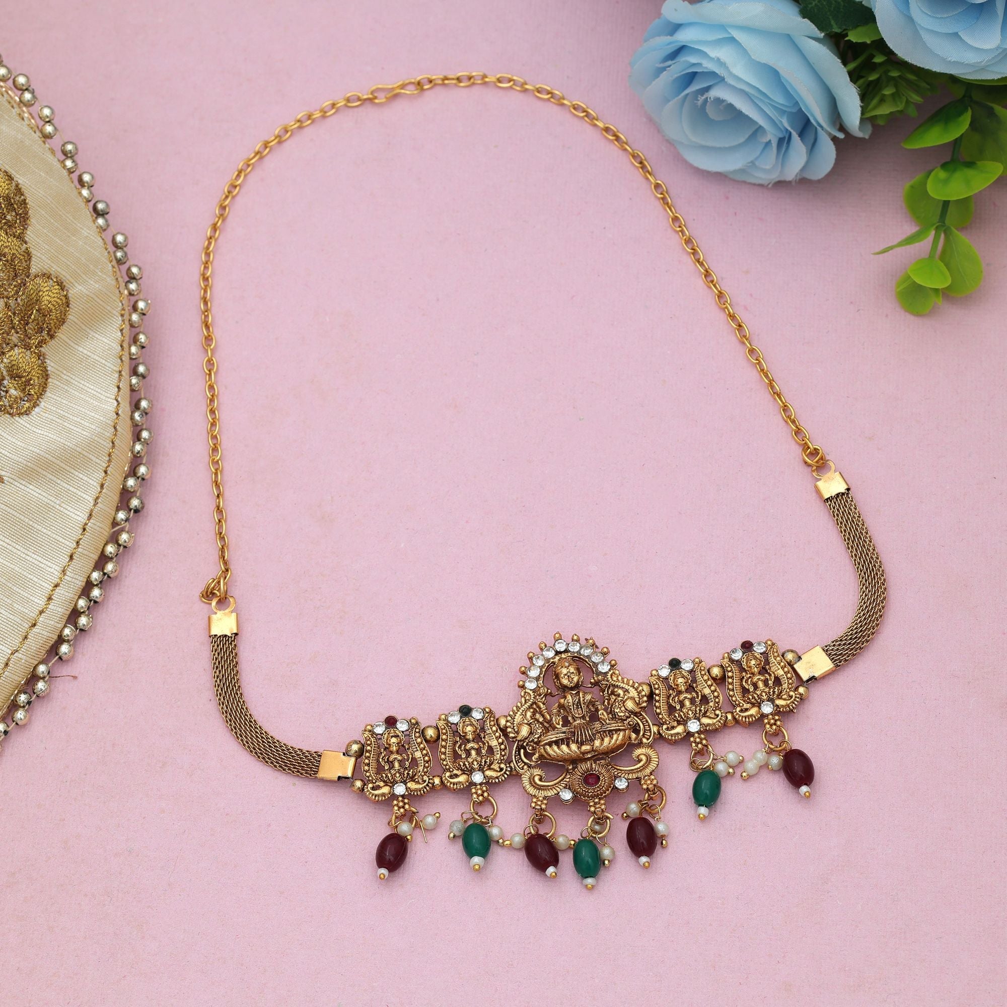 Maroon & Green Color Choker Temple Necklace Temple Artwork Design