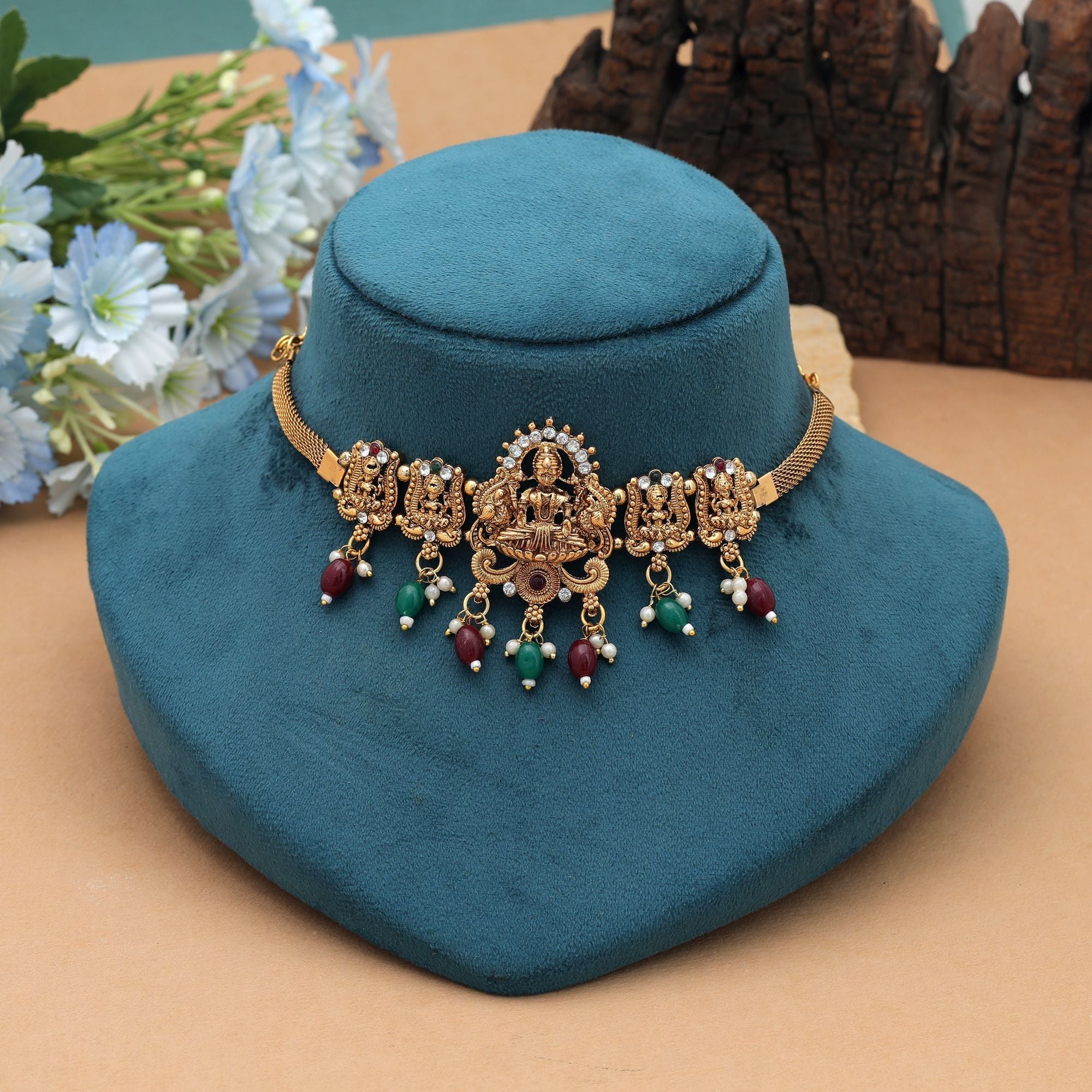 Maroon & Green Color Choker Temple Necklace Temple Artwork Design