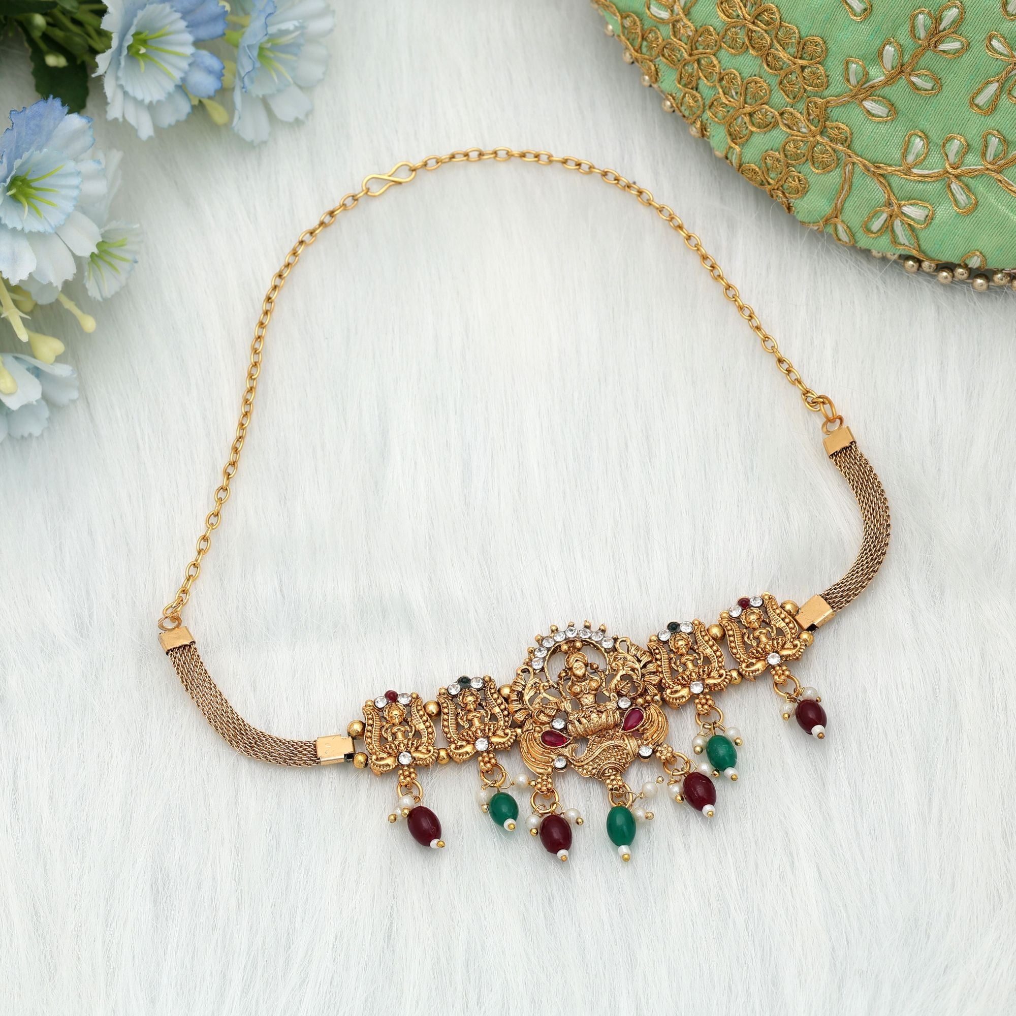 Maroon & Green Color Choker Temple Necklace Festive Bridal Wear