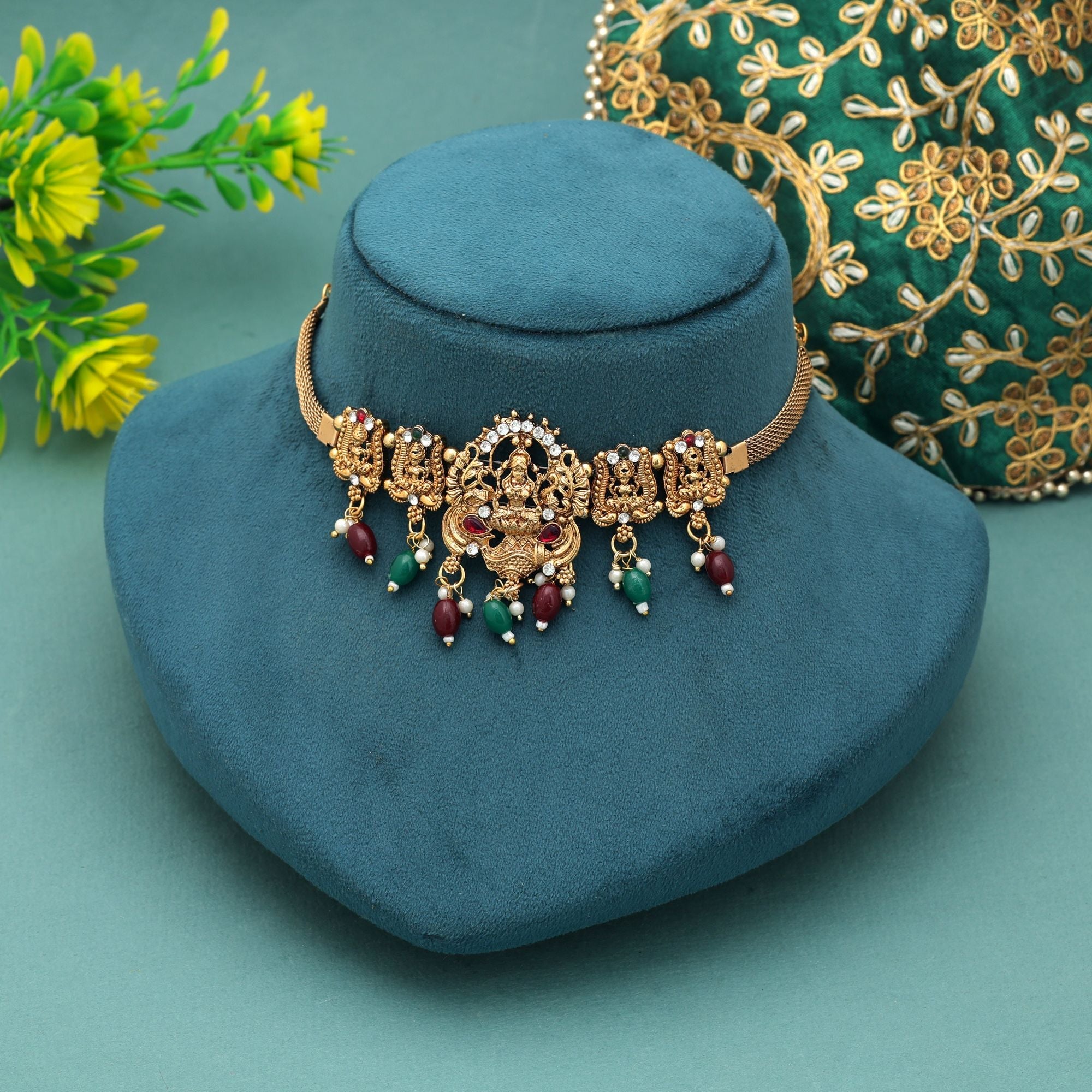 Maroon & Green Color Choker Temple Necklace Festive Bridal Wear