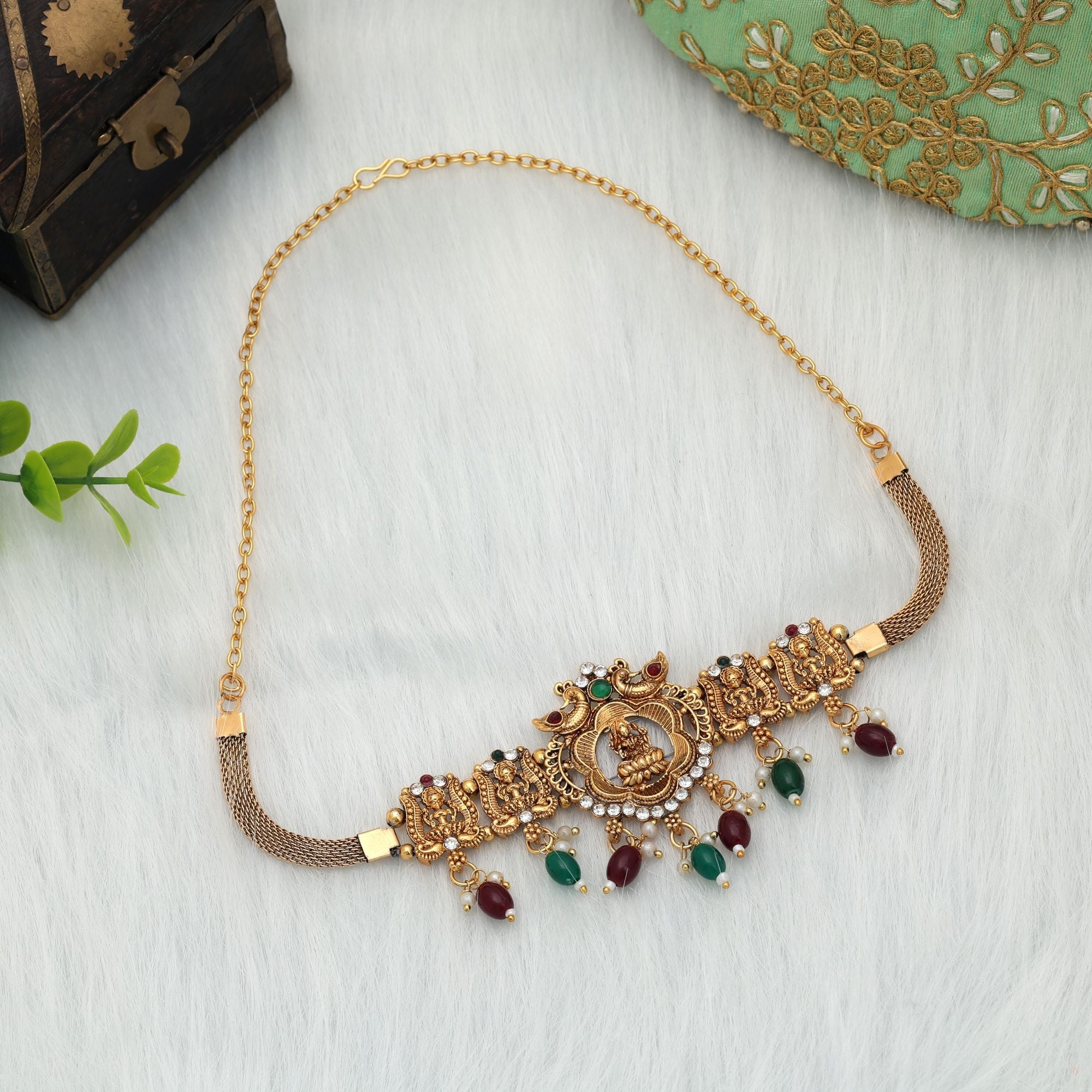 Maroon & Green Color Choker Temple Necklace Antique Gold Finish