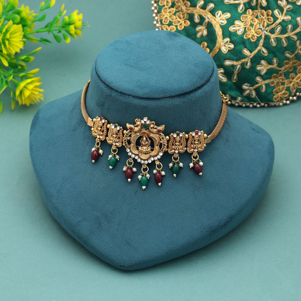 Maroon & Green Color Choker Temple Necklace Antique Gold Finish