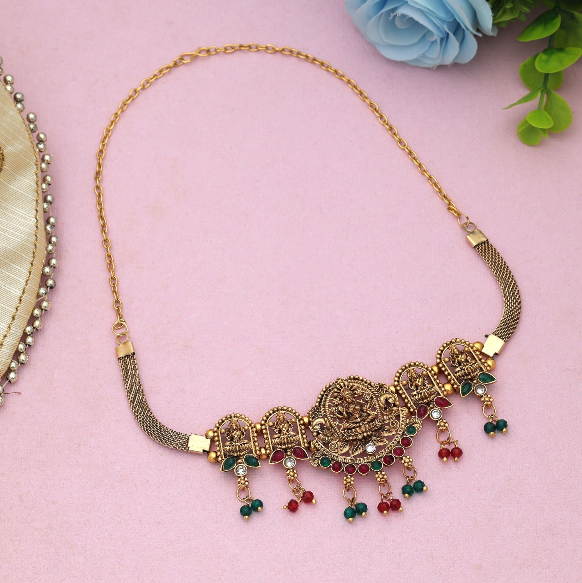 Maroon & Green Color Choker Temple Necklace Heritage Artwork Design