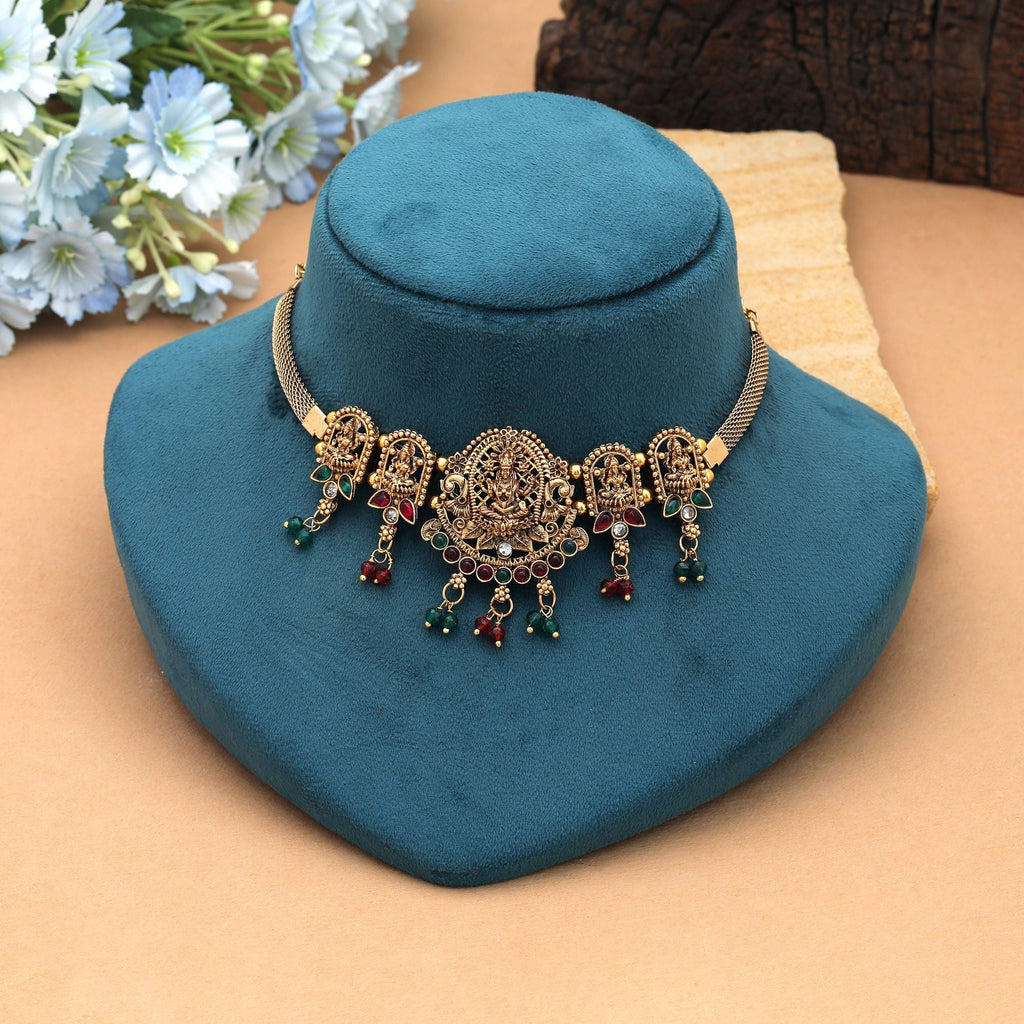 Maroon & Green Color Choker Temple Necklace Heritage Artwork Design