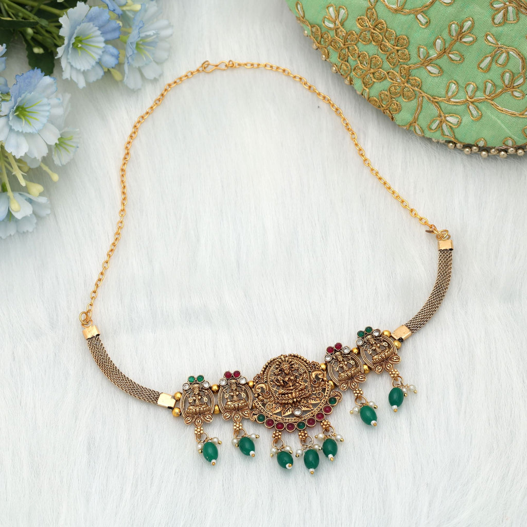 Maroon & Green Color Choker Temple Necklace Saree Festive Wear