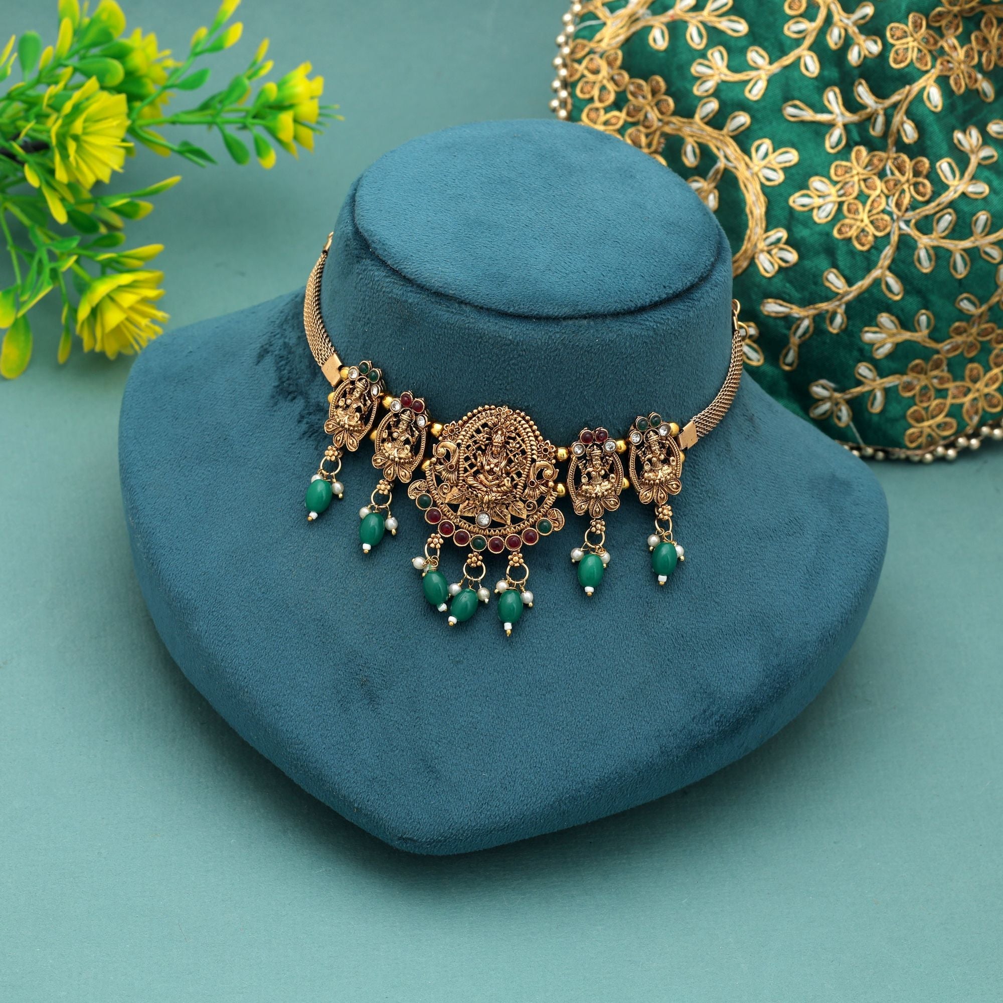 Maroon & Green Color Choker Temple Necklace Saree Festive Wear
