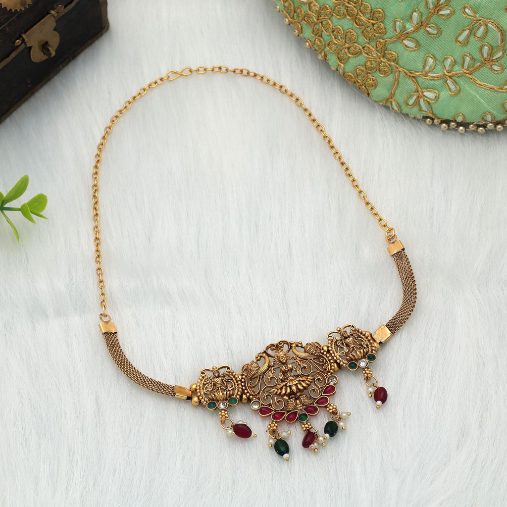 Maroon & Green Color Choker Temple Necklace Elegant Ethnic Finish