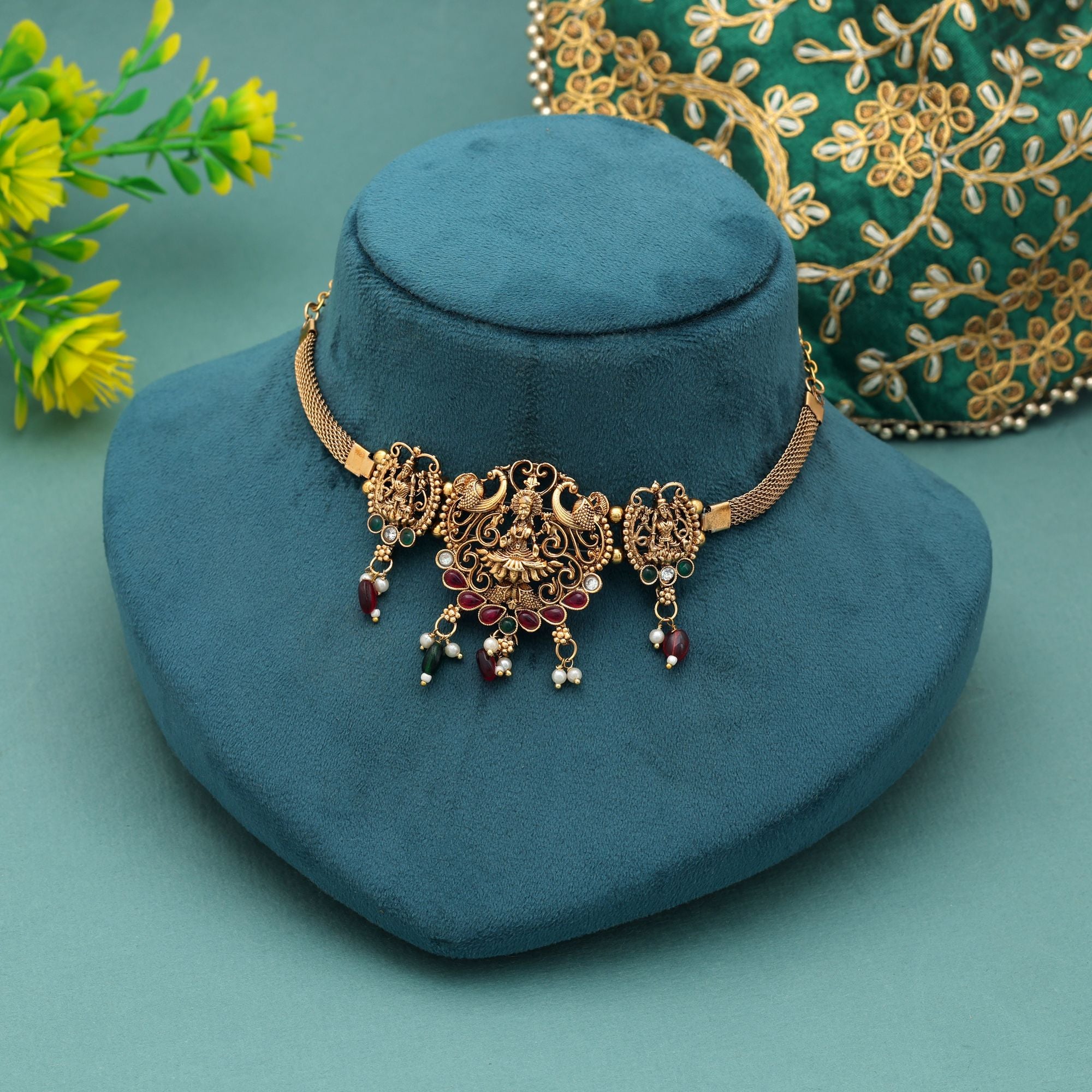 Maroon & Green Color Choker Temple Necklace Elegant Ethnic Finish