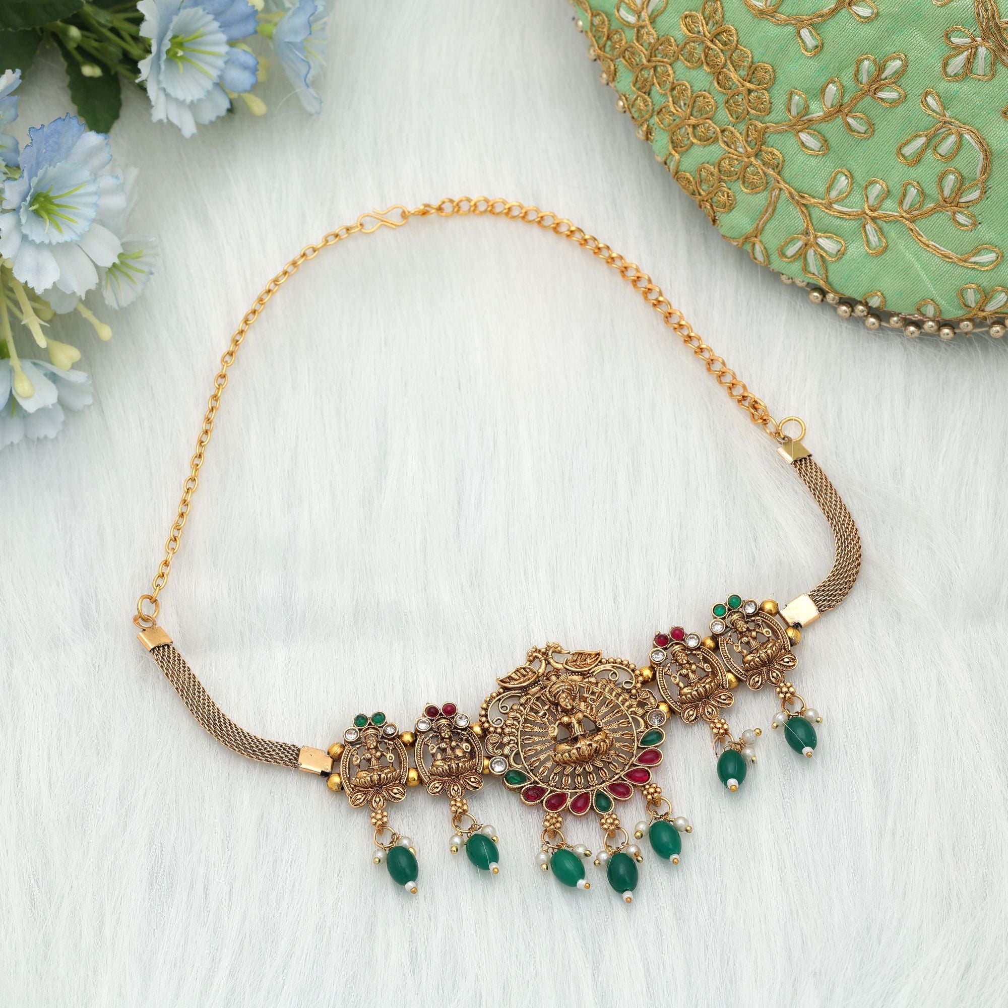 Maroon & Green Color Choker Temple Necklace Cultural Bridal Collection