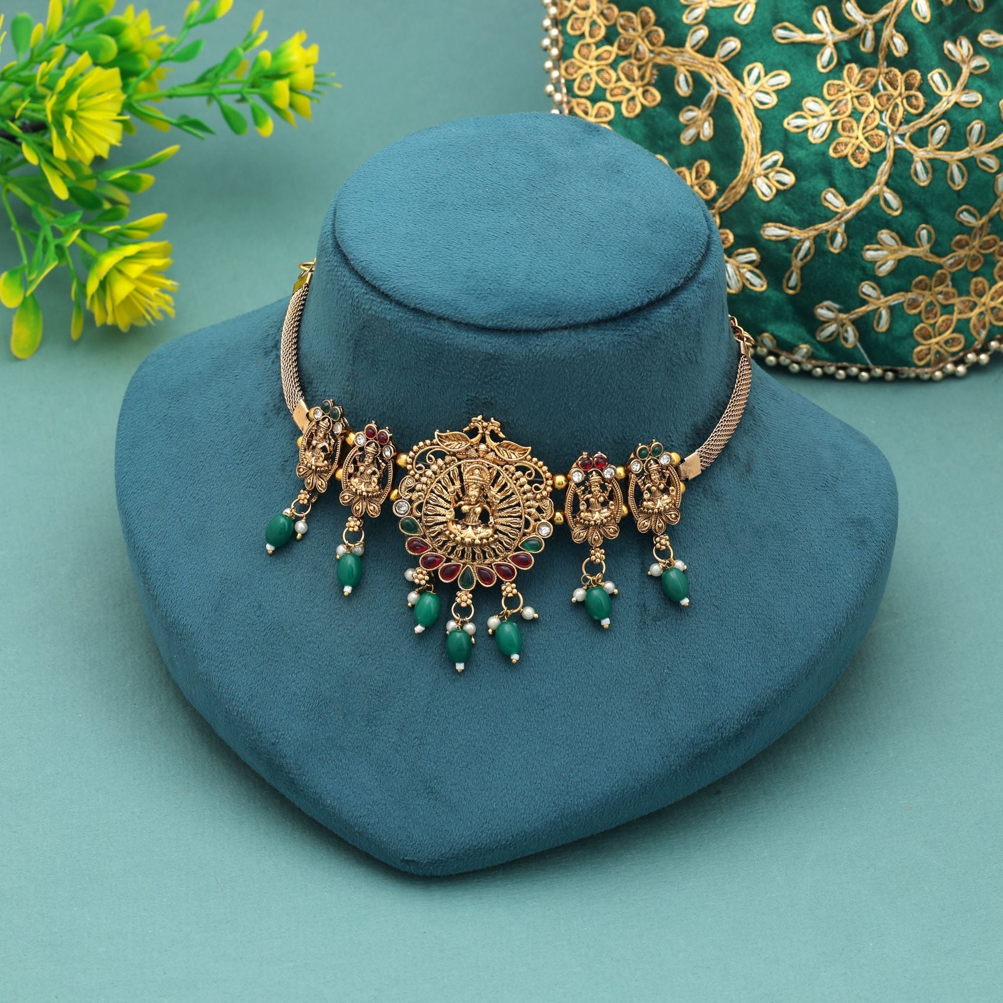 Maroon & Green Color Choker Temple Necklace Cultural Bridal Collection