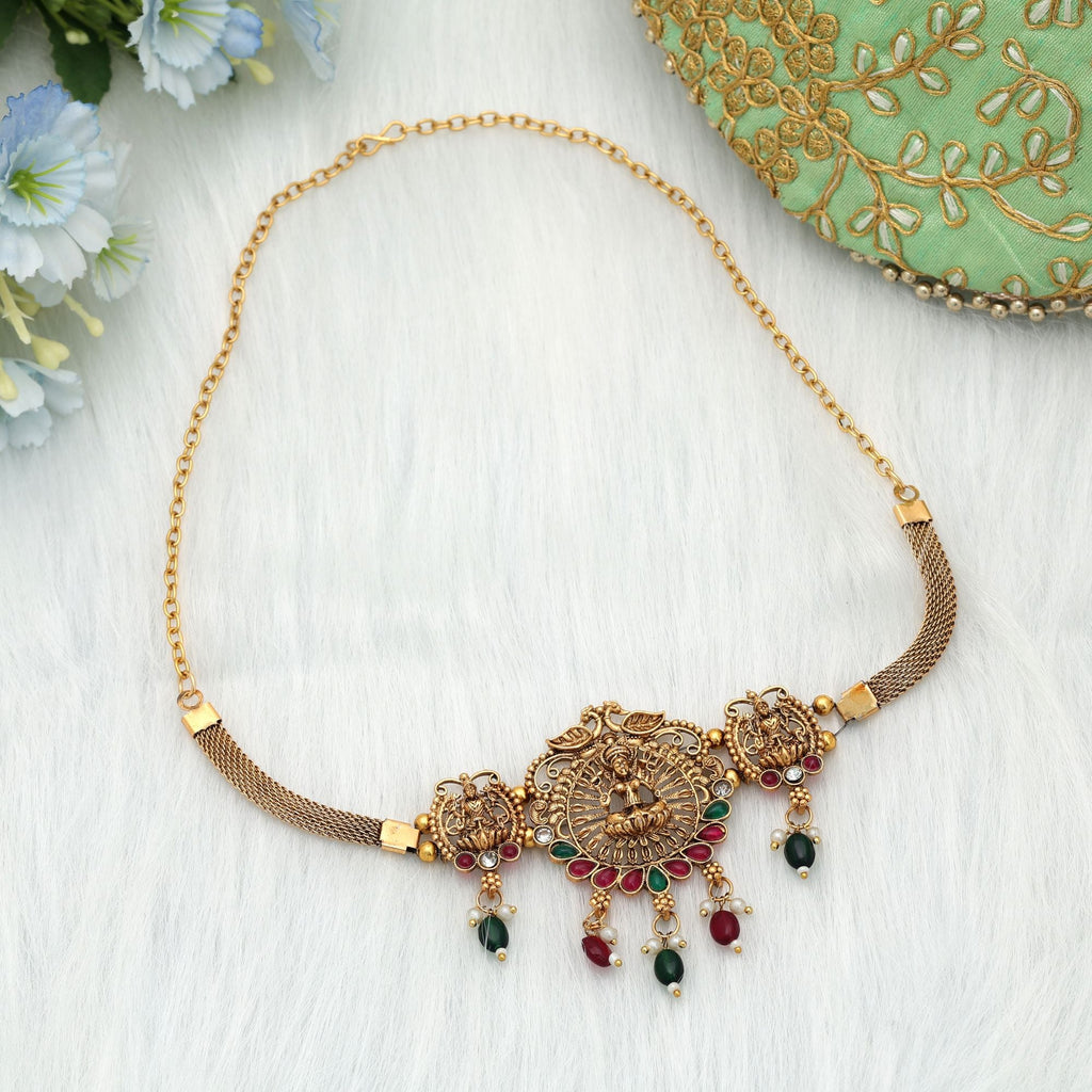 Maroon & Green Color Choker Temple Necklace Traditional Antique Finish