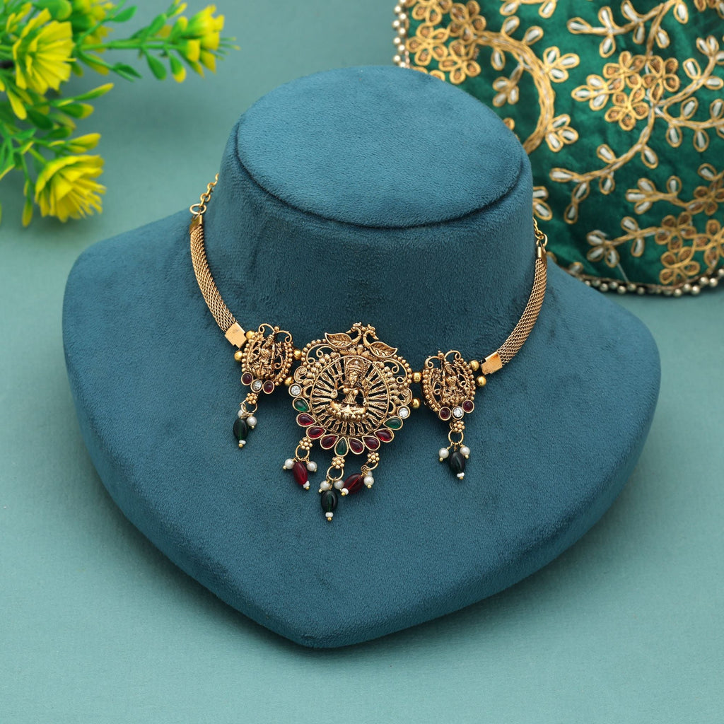 Maroon & Green Color Choker Temple Necklace Traditional Antique Finish
