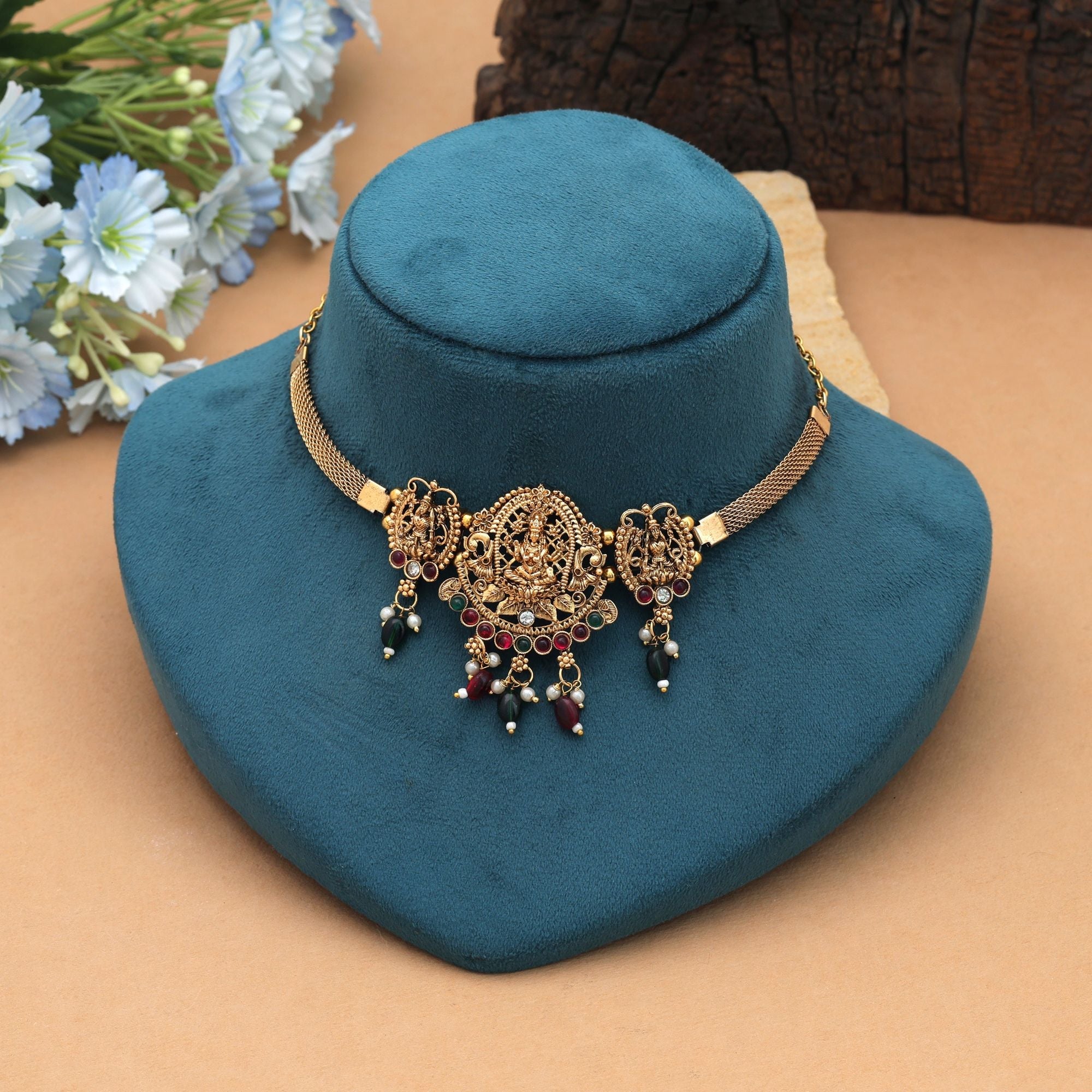 Maroon & Green Color Choker Temple Necklace