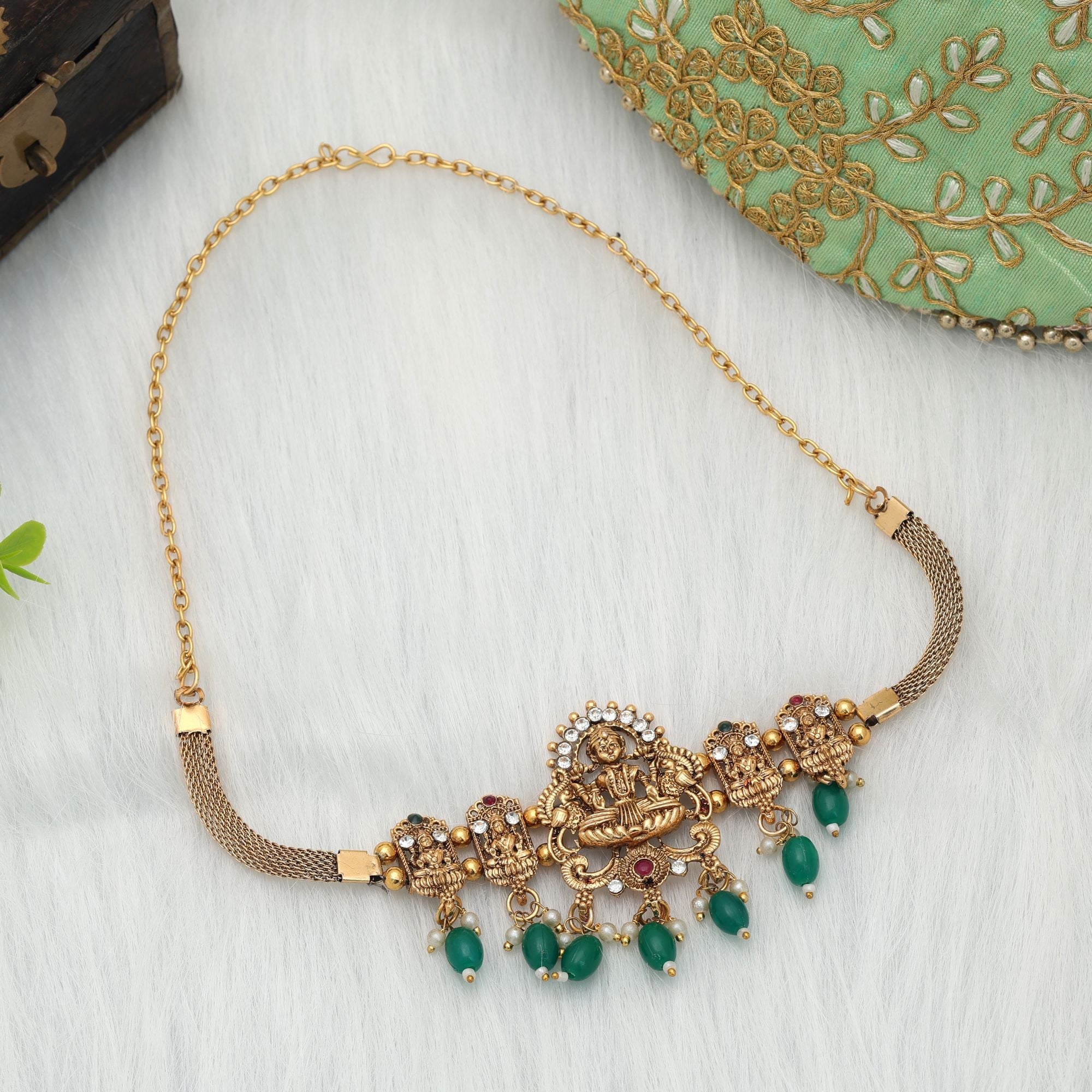Green Color Choker Temple Necklace Ethnic Bridal Party Wear