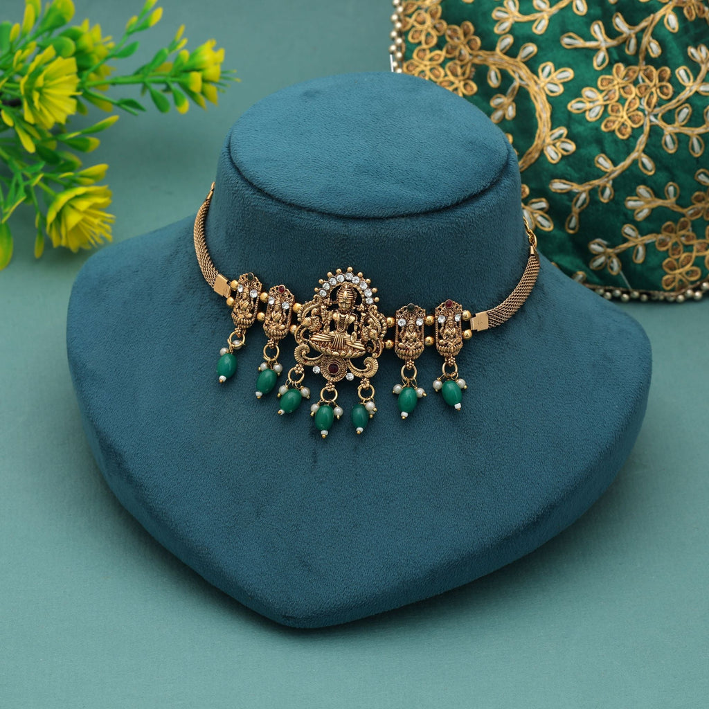 Green Color Choker Temple Necklace Ethnic Bridal Party Wear