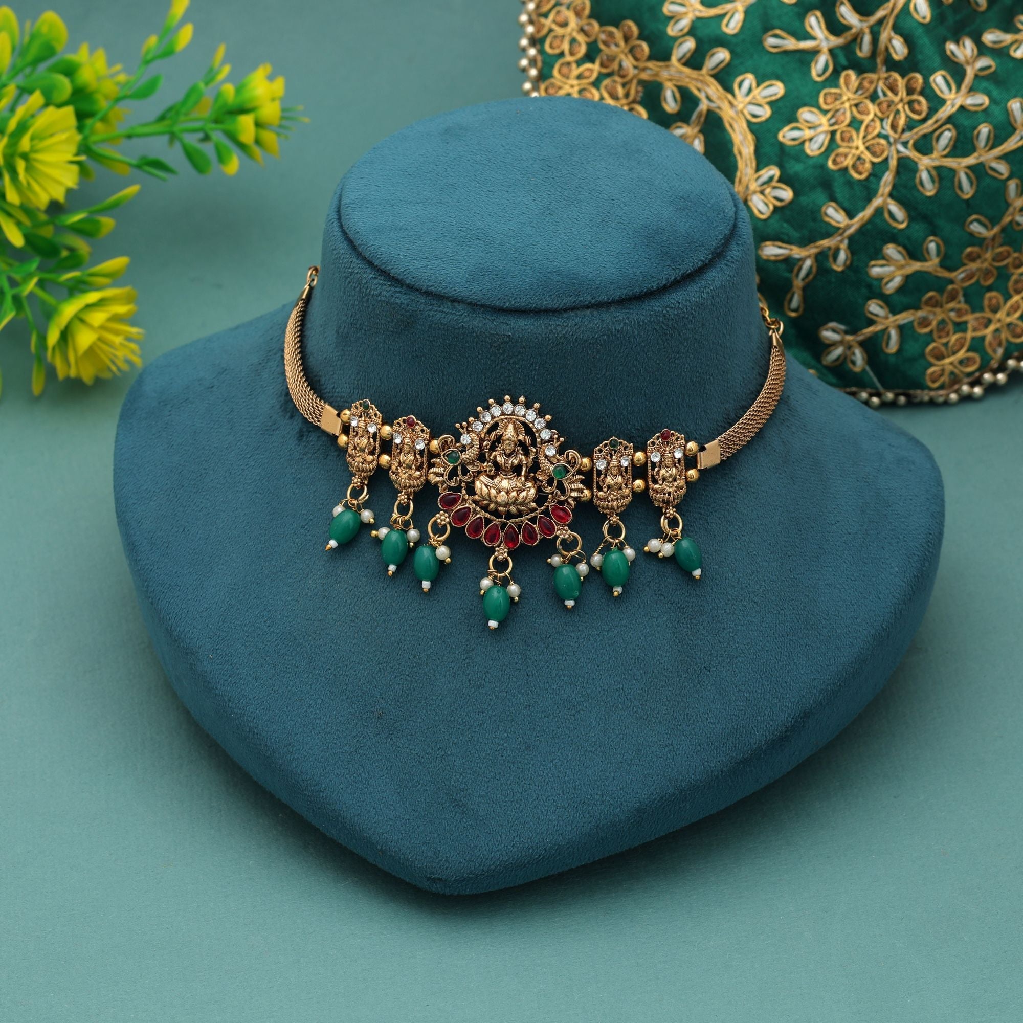 Rani & Green Color Choker Temple Necklace Classic Temple Design