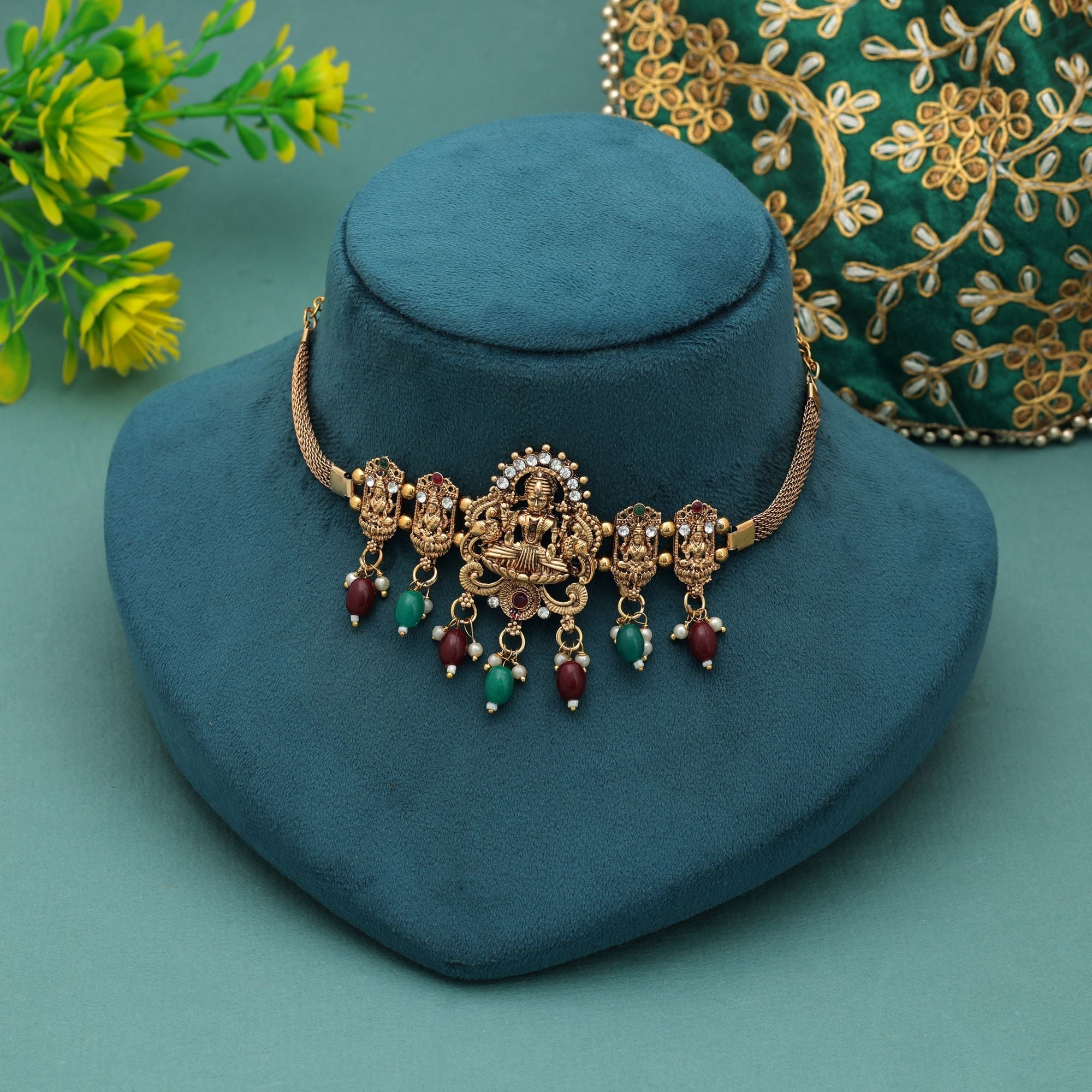Maroon & Green Color Choker Temple Necklace Wedding Fashion Wear