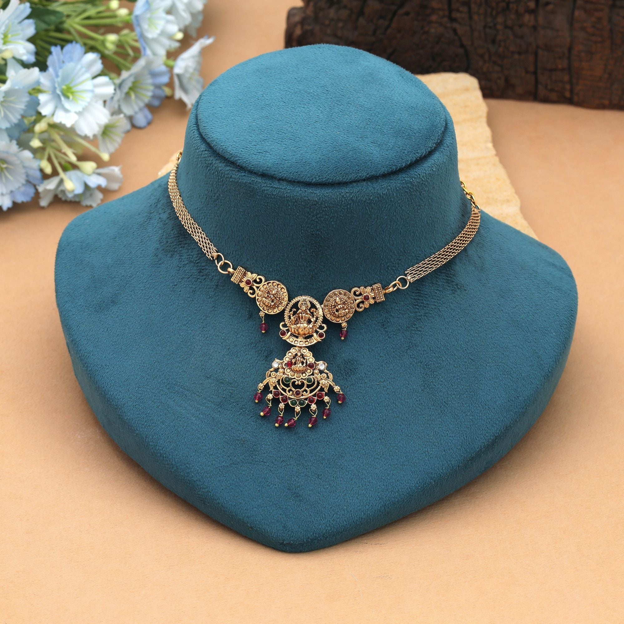 Rani & Green Color Choker Temple Necklace Bridal Saree Wear