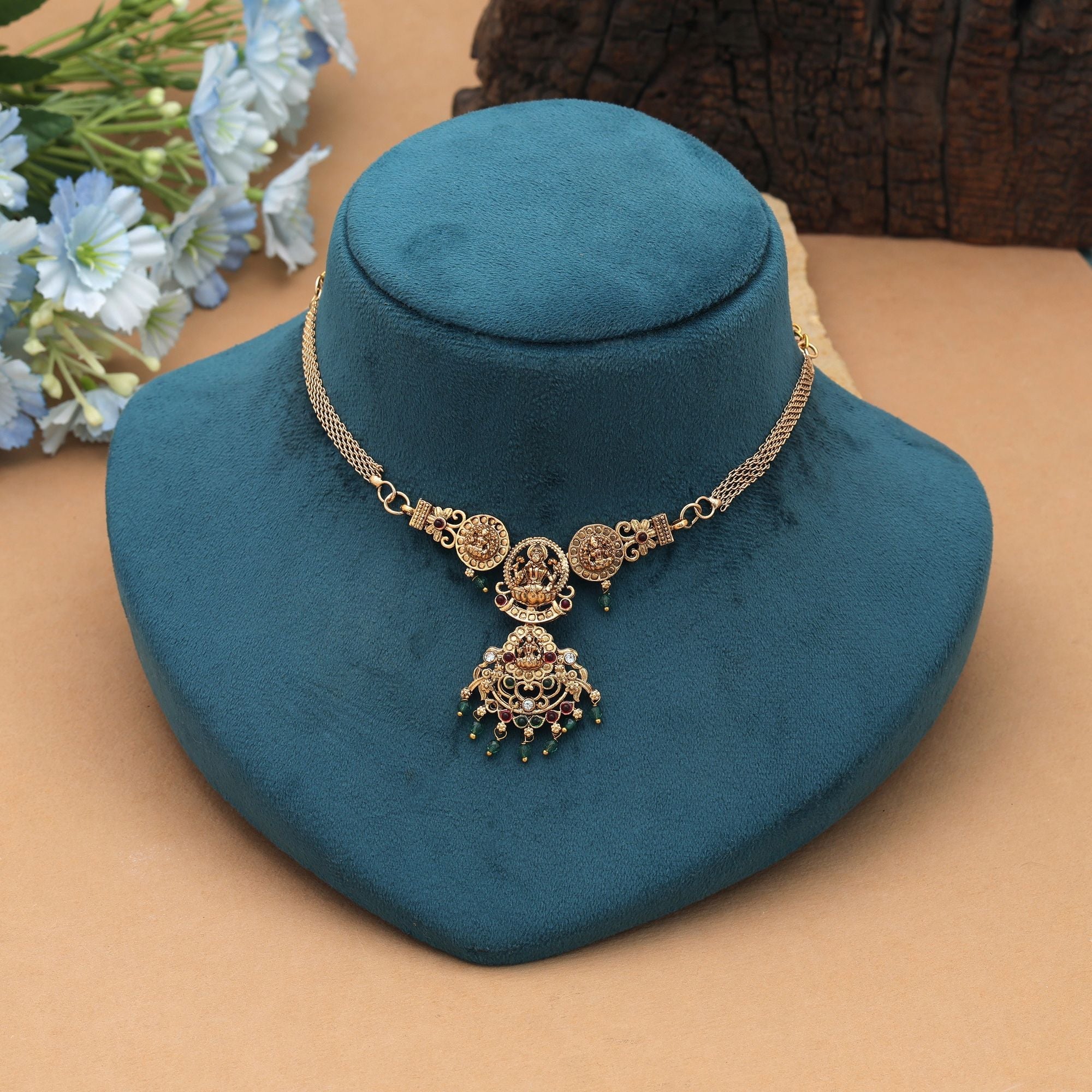 Maroon & Green Color Choker Temple Necklace Antique South Finish