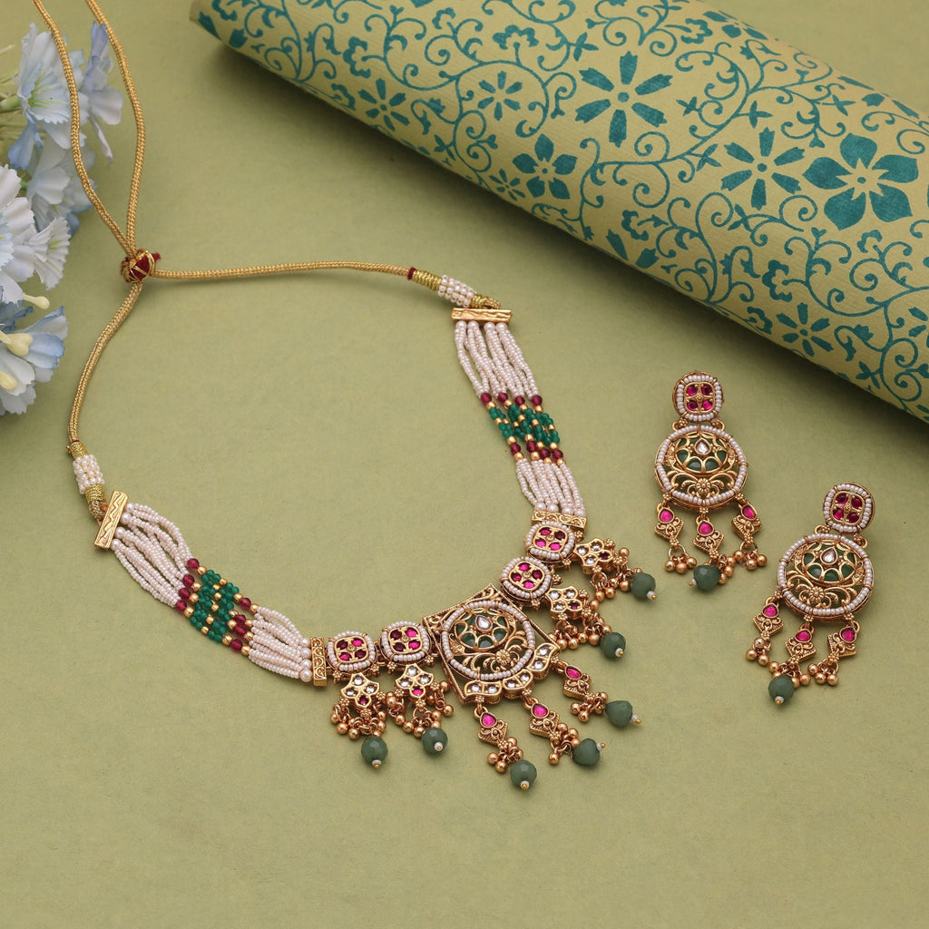 Multi Color Matte Gold Choker Kundan Necklace Set