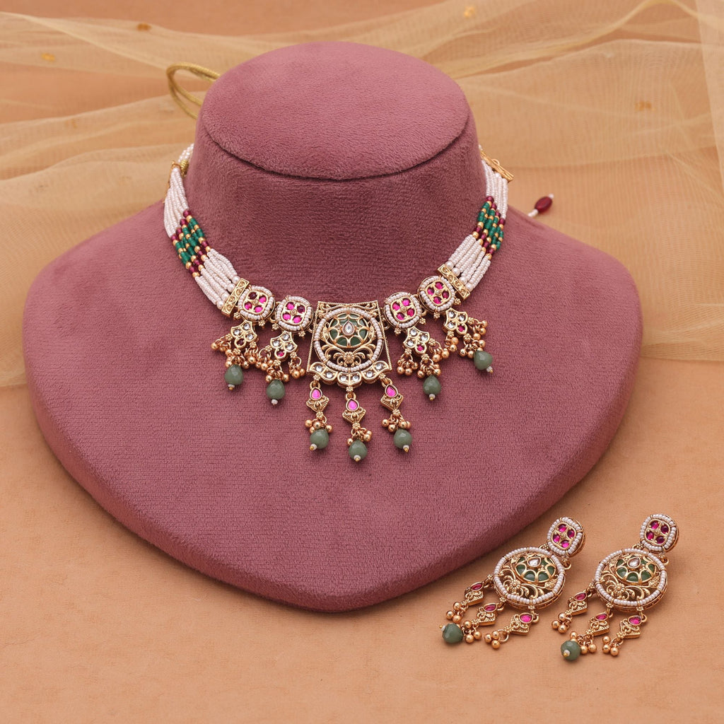 Multi Color Matte Gold Choker Kundan Necklace Set