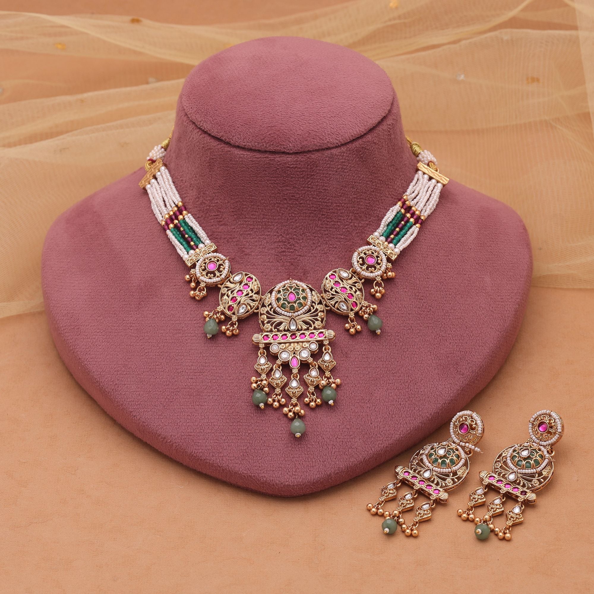 Multi Color Matte Gold Kundan Choker Set