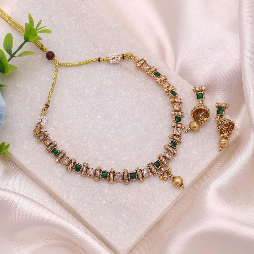 Green Color Matte Gold Kundan Necklace Set