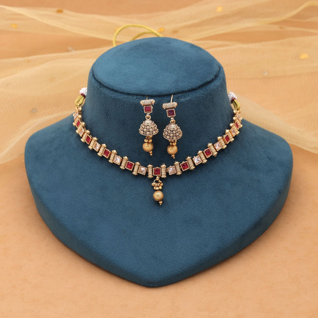 Rani Color Matte Gold Kundan Necklace Set