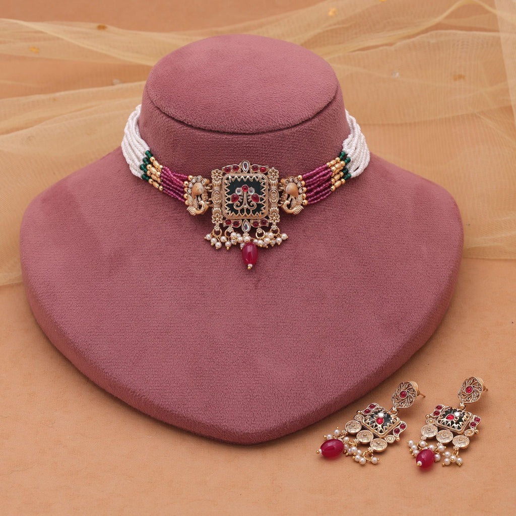 Multi Color Matte Gold Choker Kundan Set