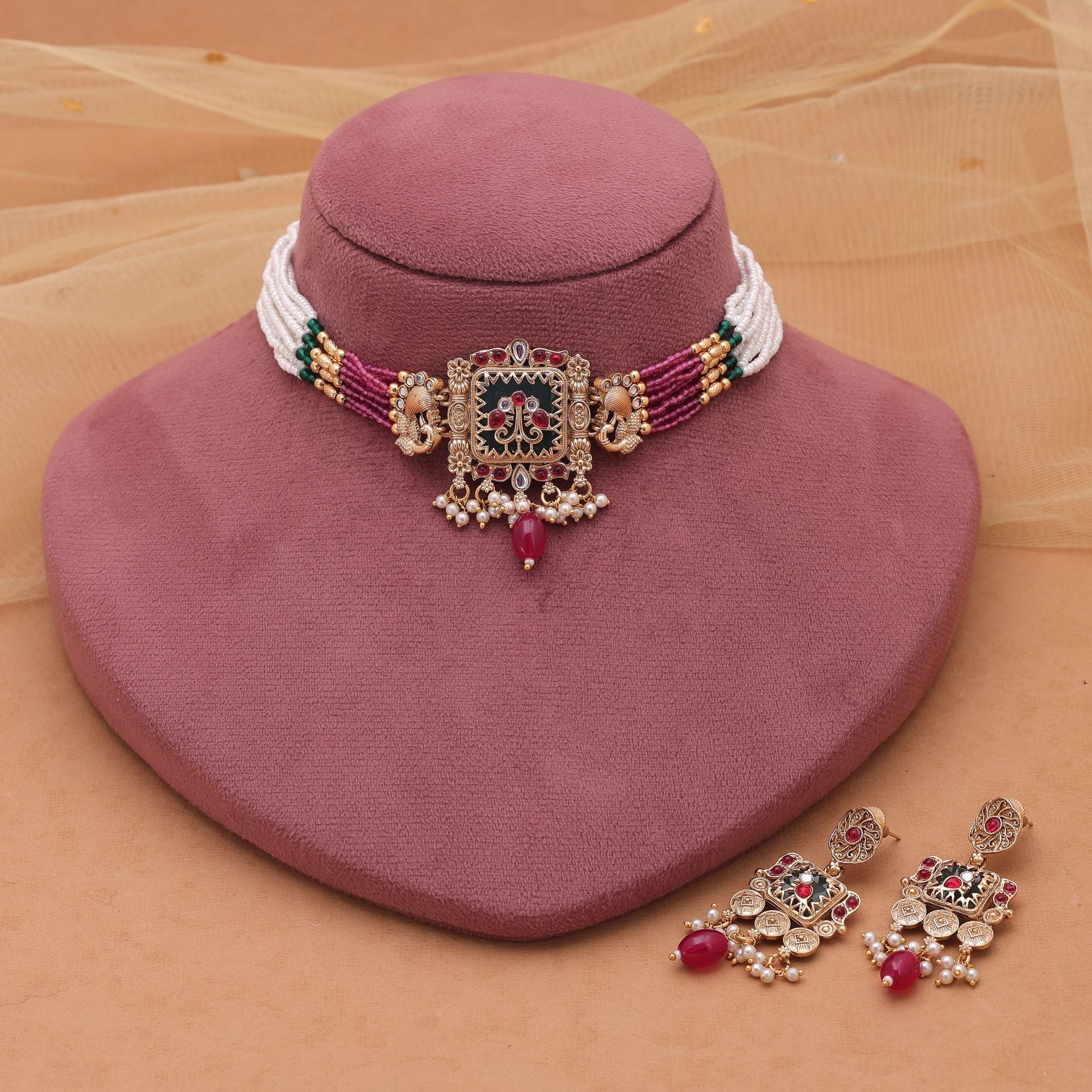 Multi Color Matte Gold Choker Kundan Set