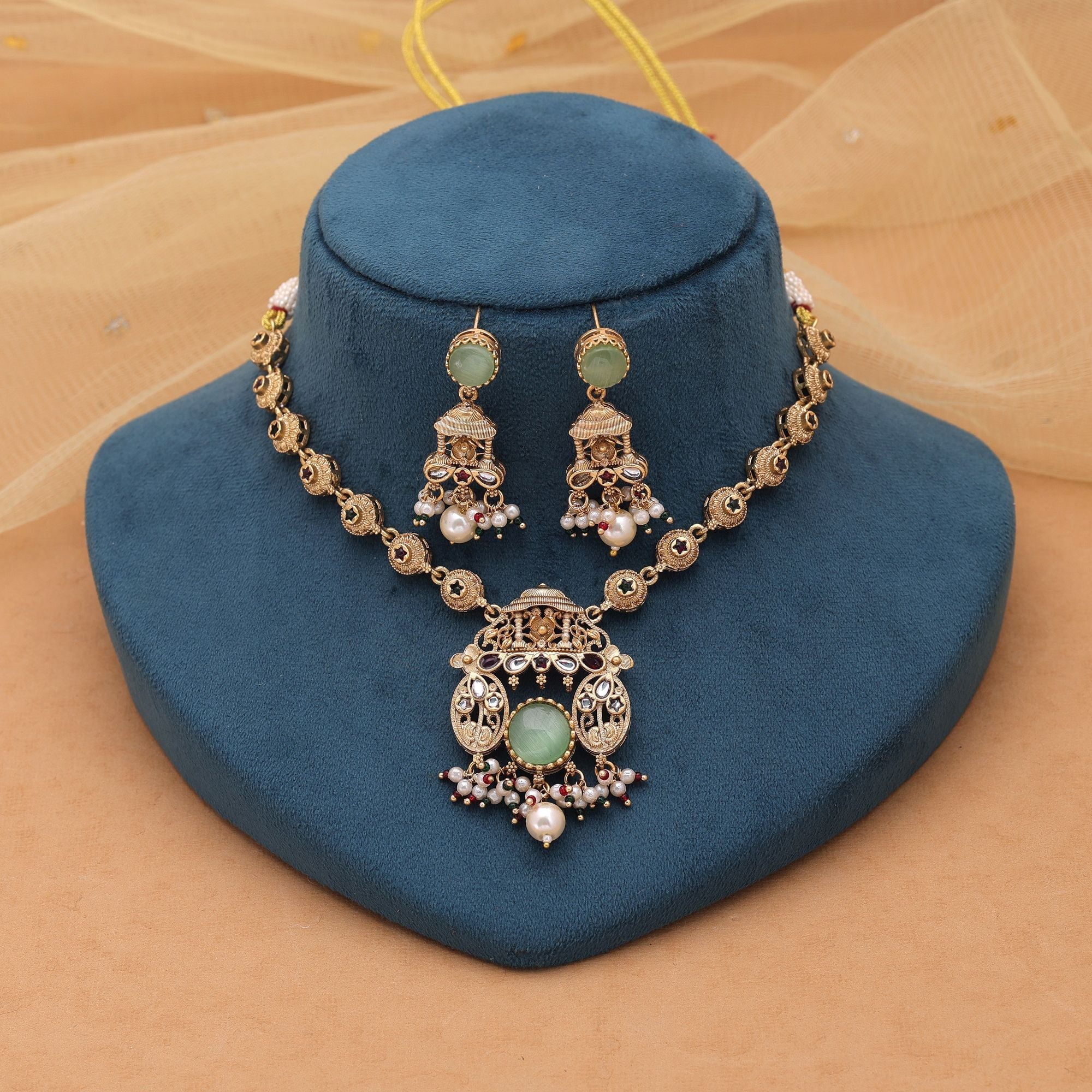 Pista Green Color Matte Gold Kundan Set