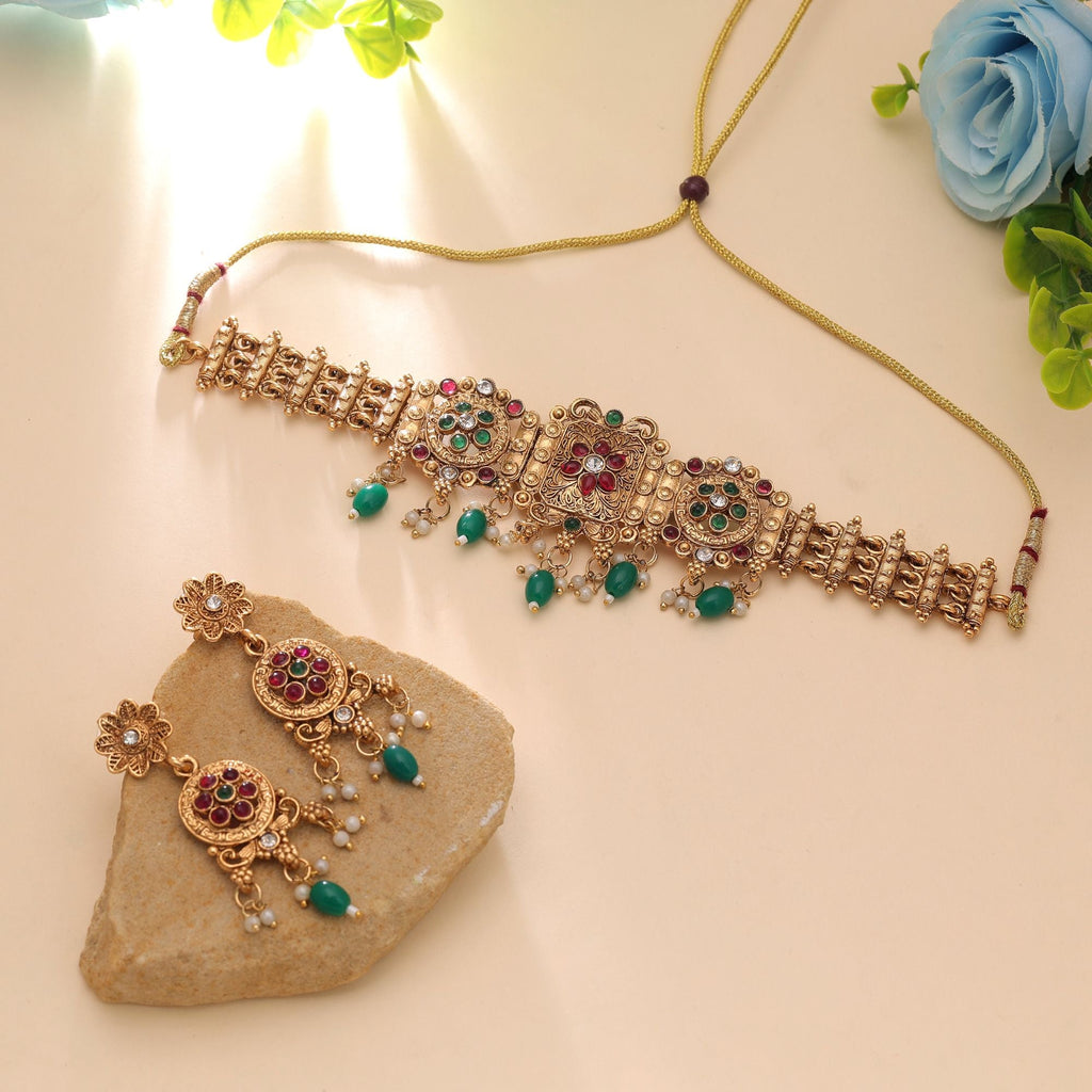 Green Color Matte Gold Temple Necklace Set