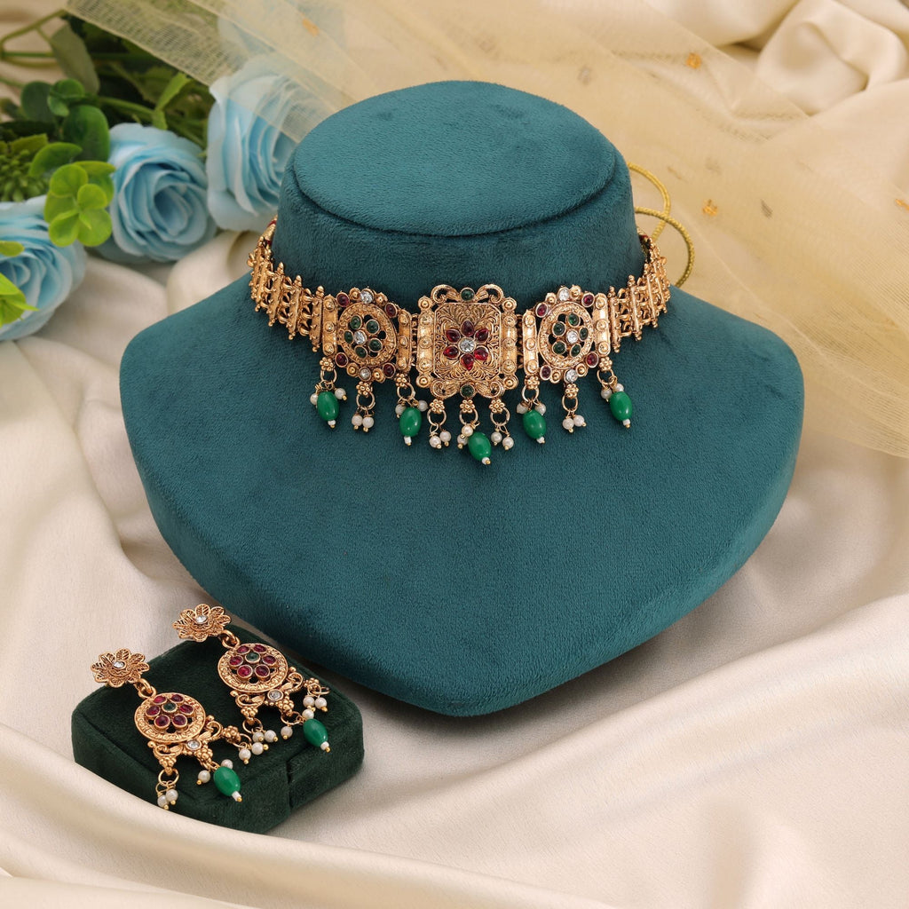 Green Color Matte Gold Temple Necklace Set