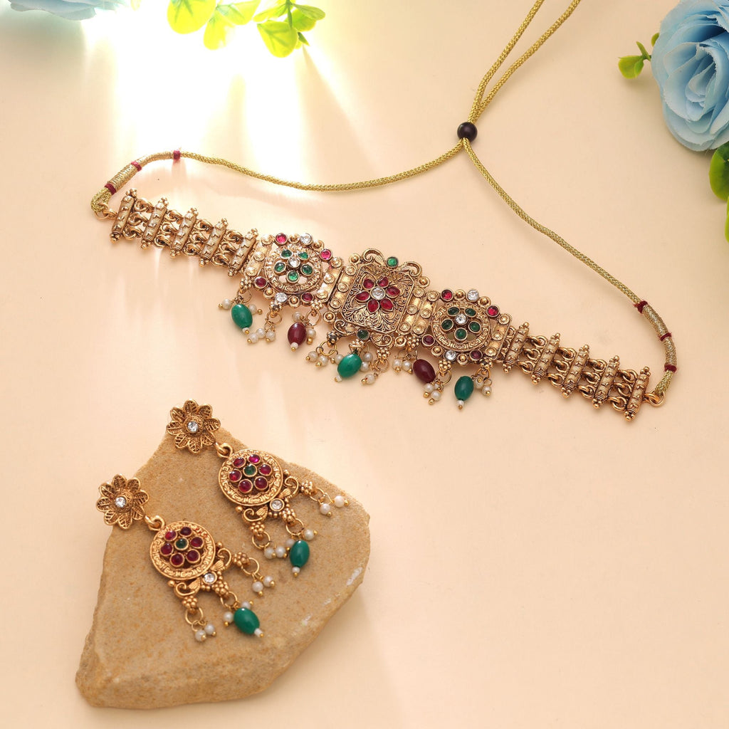 Maroon & Green Color Matte Gold Temple Necklace Set