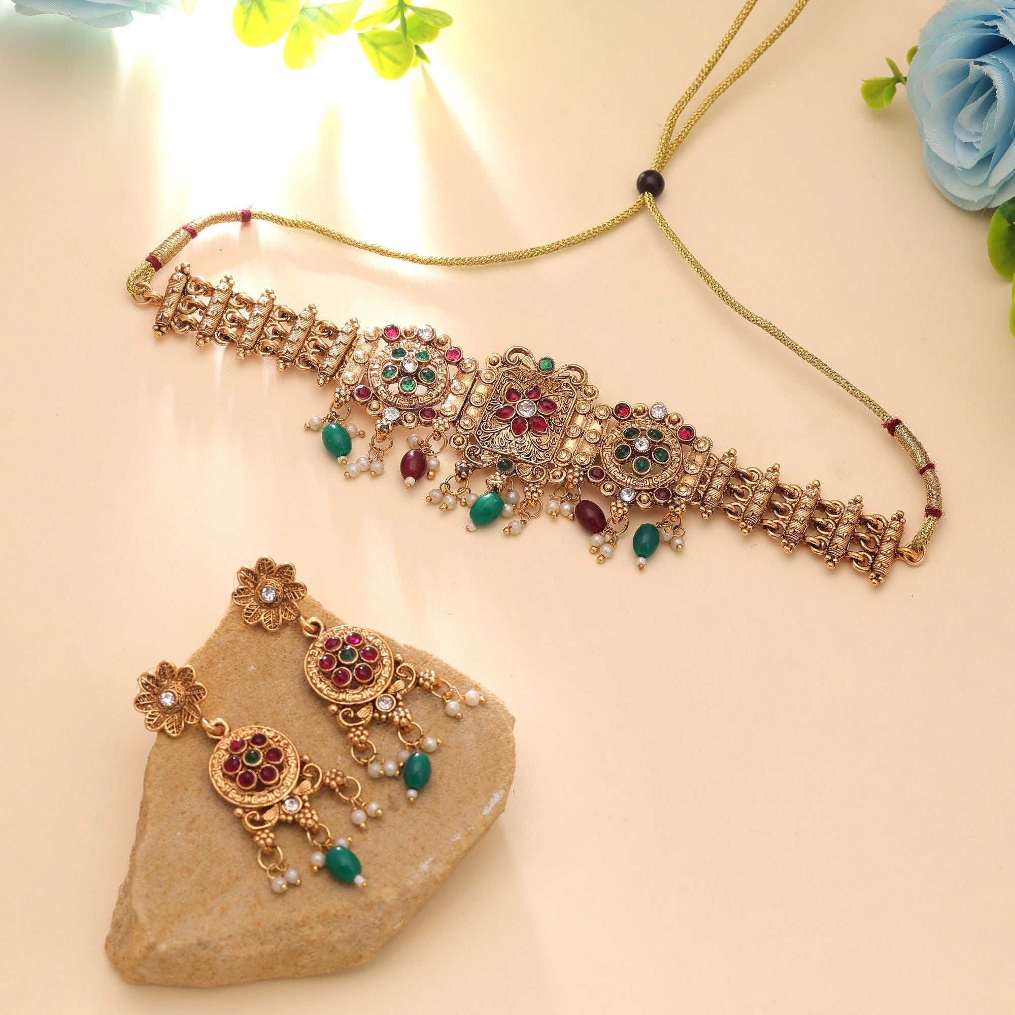 Maroon & Green Color Matte Gold Temple Necklace Set