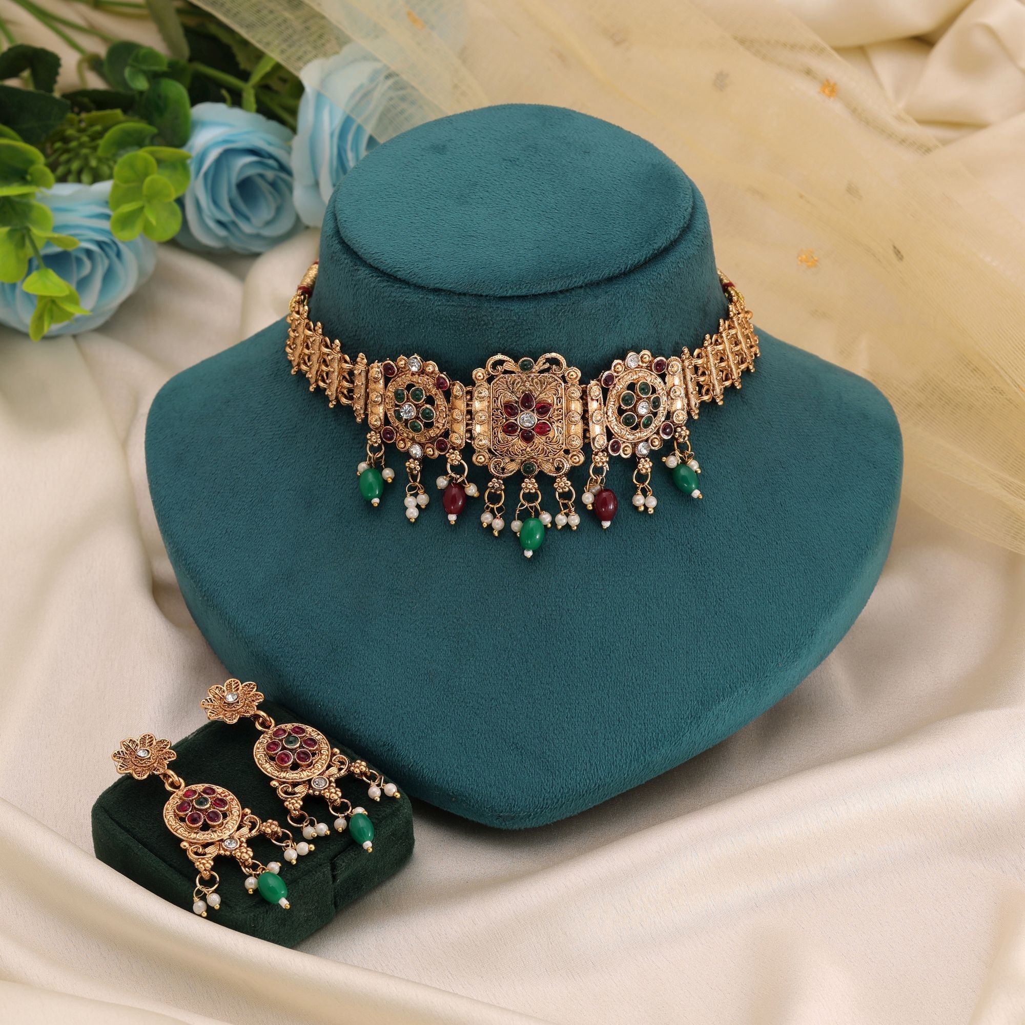 Maroon & Green Color Matte Gold Temple Necklace Set