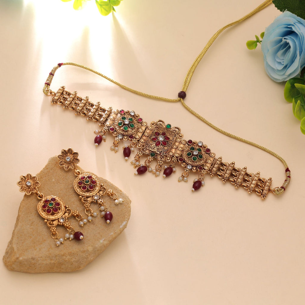Maroon Color Matte Gold Temple Necklace Set
