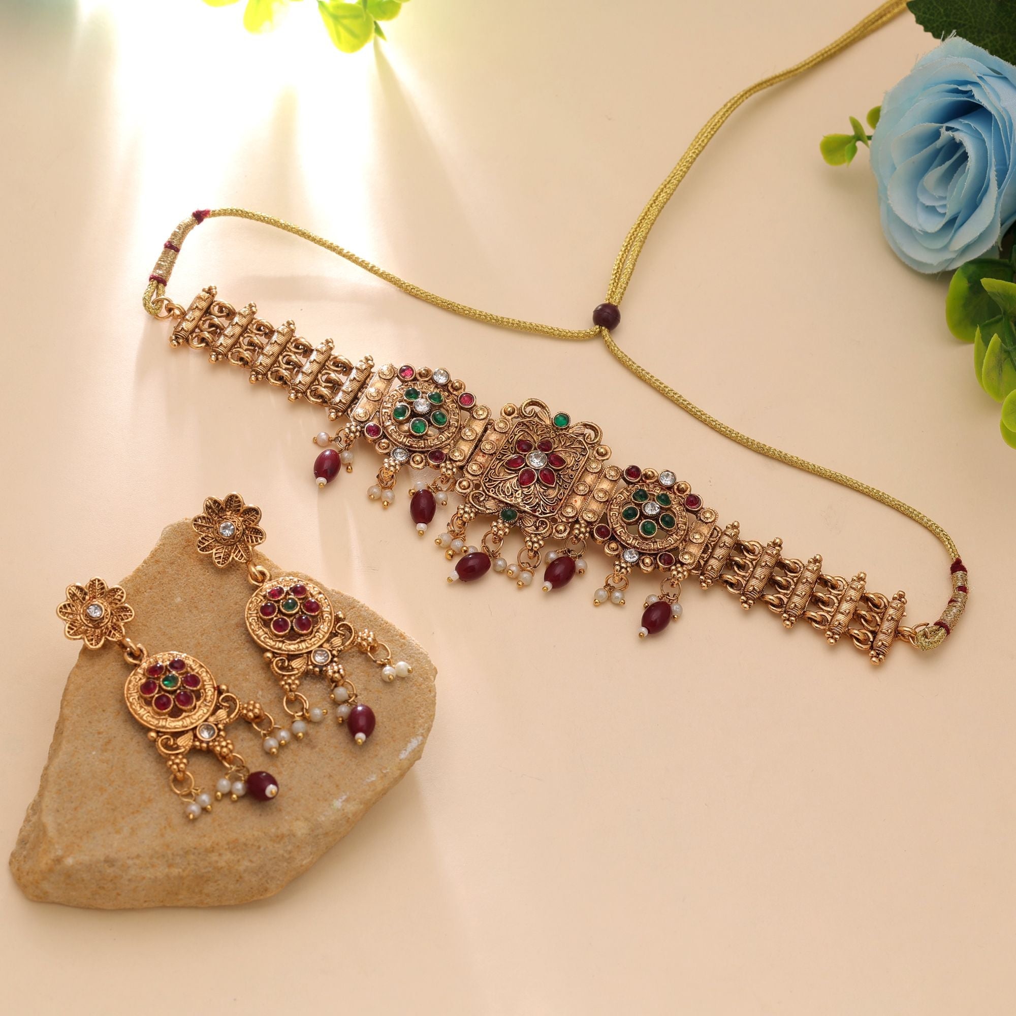 Maroon Color Matte Gold Temple Necklace Set