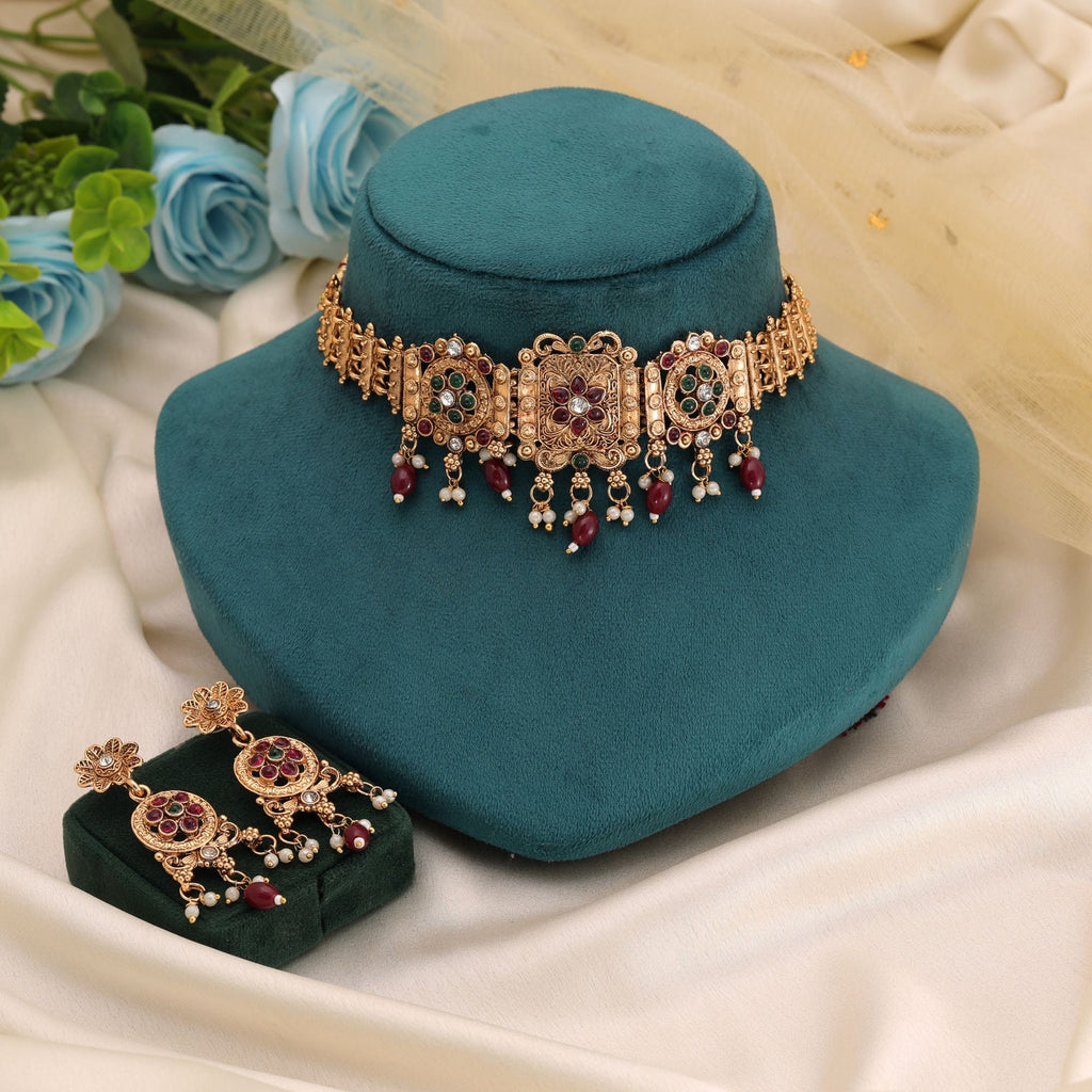 Maroon Color Matte Gold Temple Necklace Set