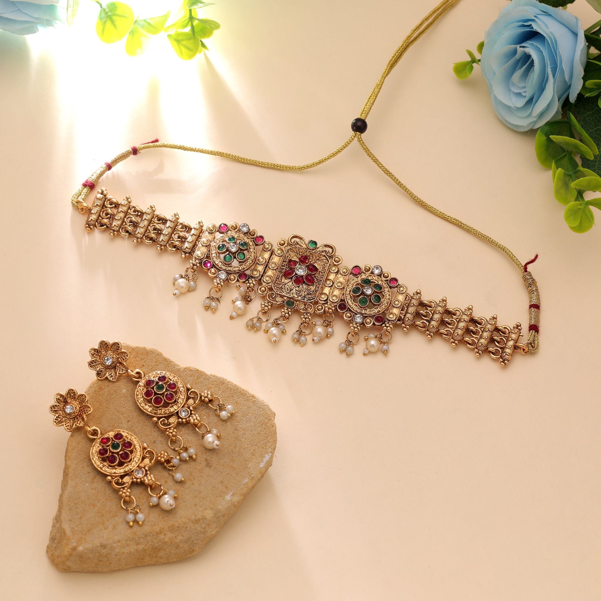 Rani & Green Color Matte Gold Necklace Set