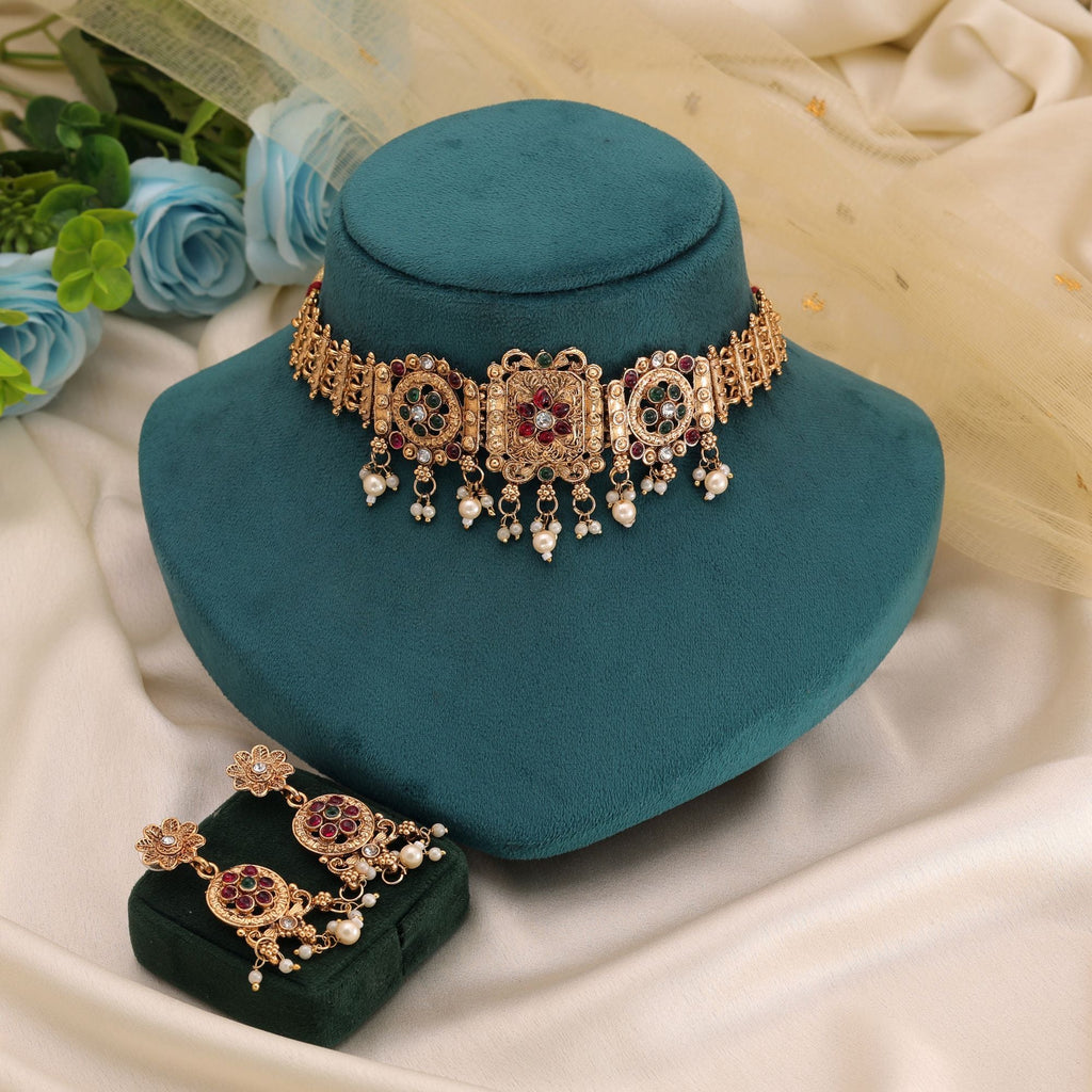Rani & Green Color Matte Gold Necklace Set