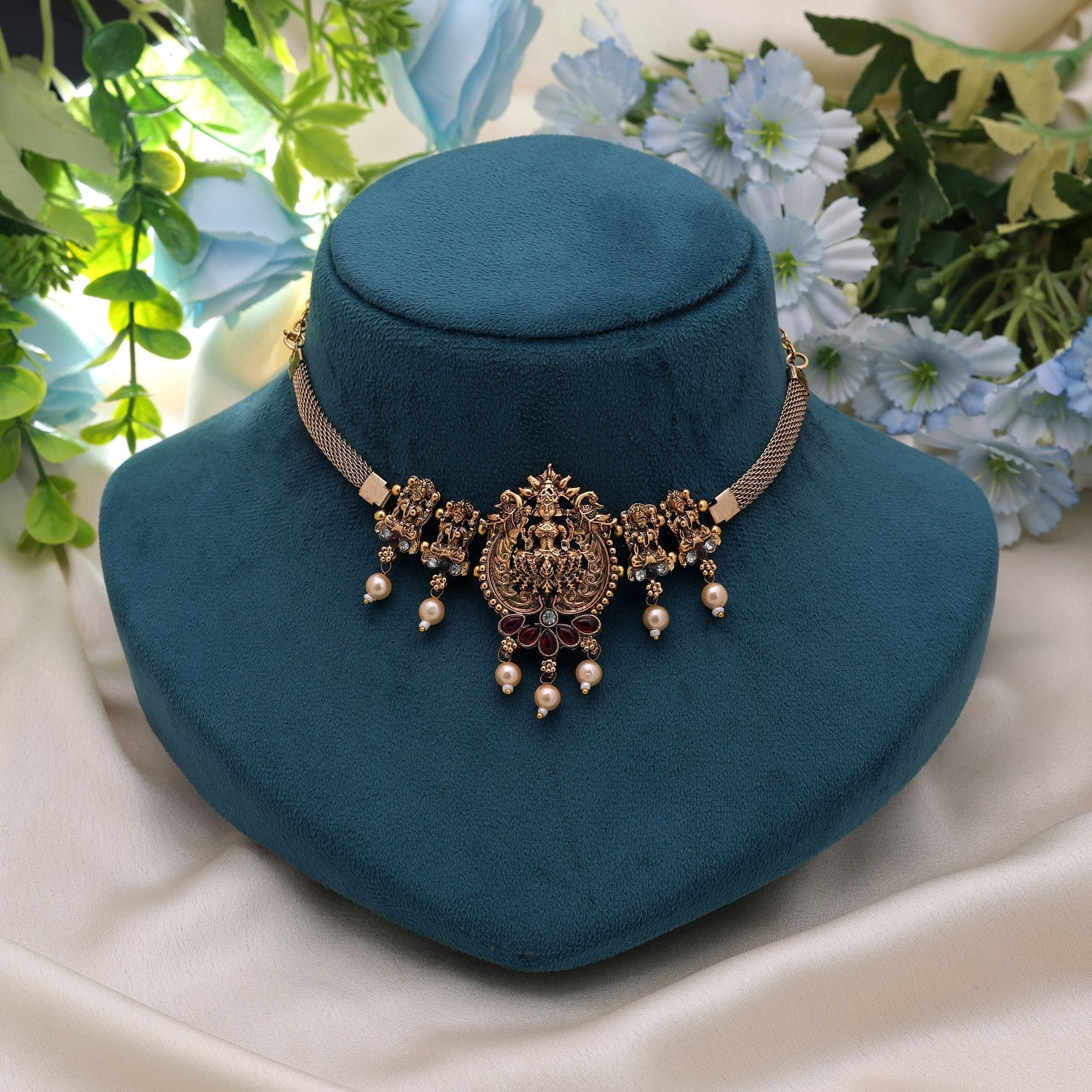 Maroon & Green Color Choker Temple Necklace