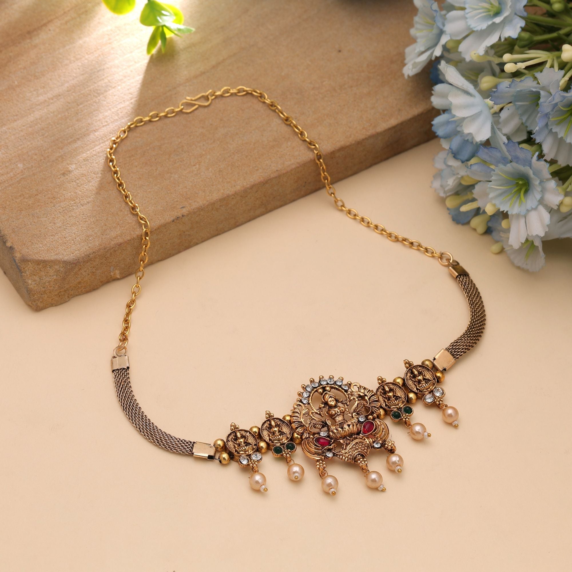 Maroon & Green Color Goddess Temple Necklace