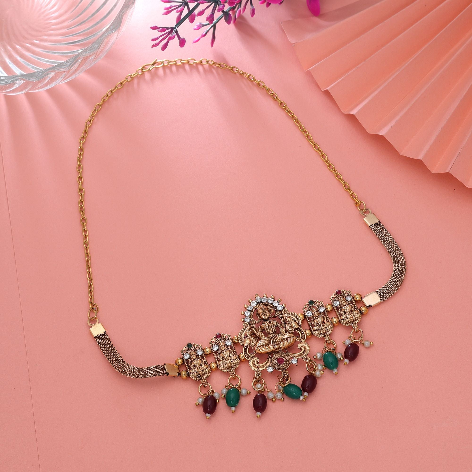 Maroon & Green Color Antique Temple Necklace
