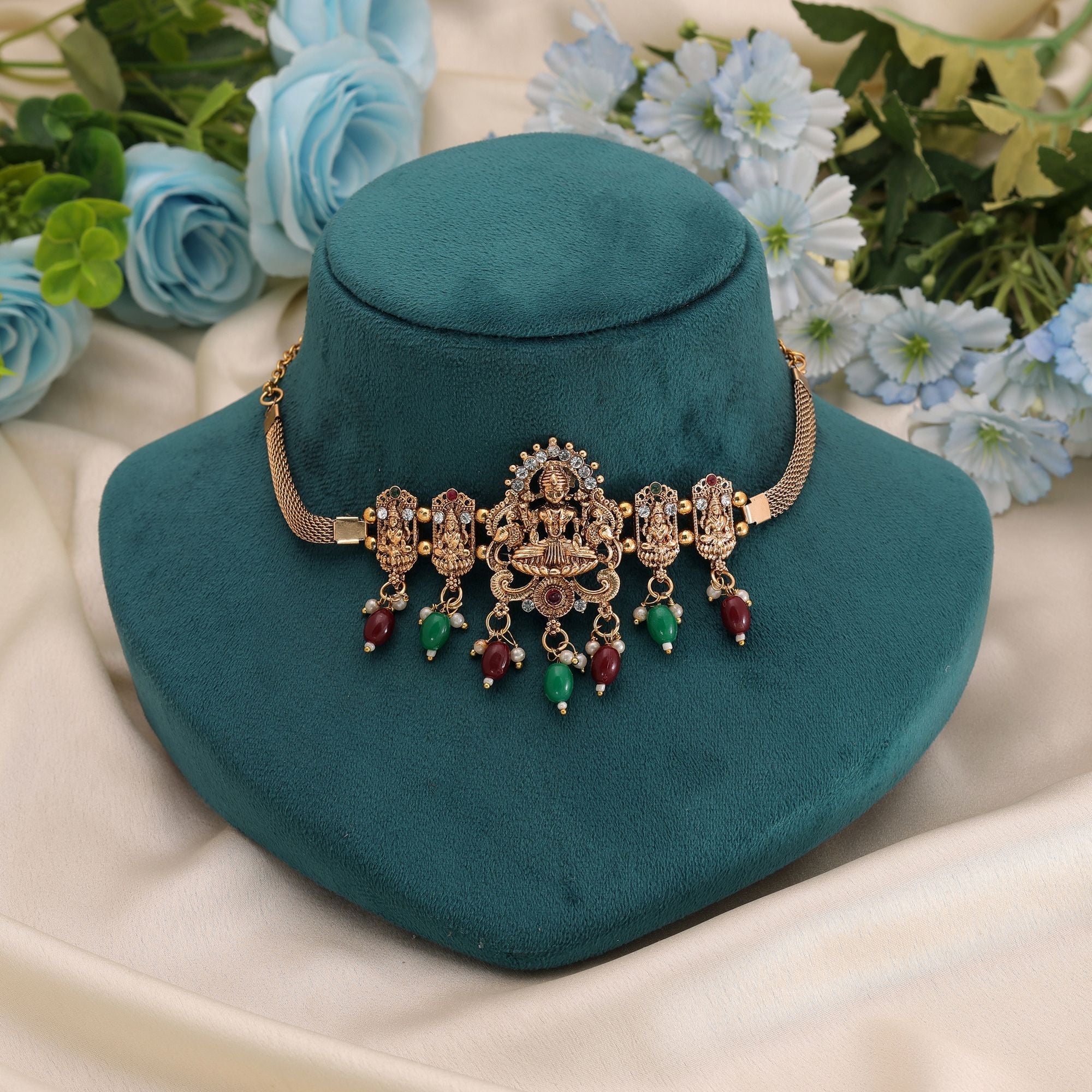 Maroon & Green Color Antique Temple Necklace