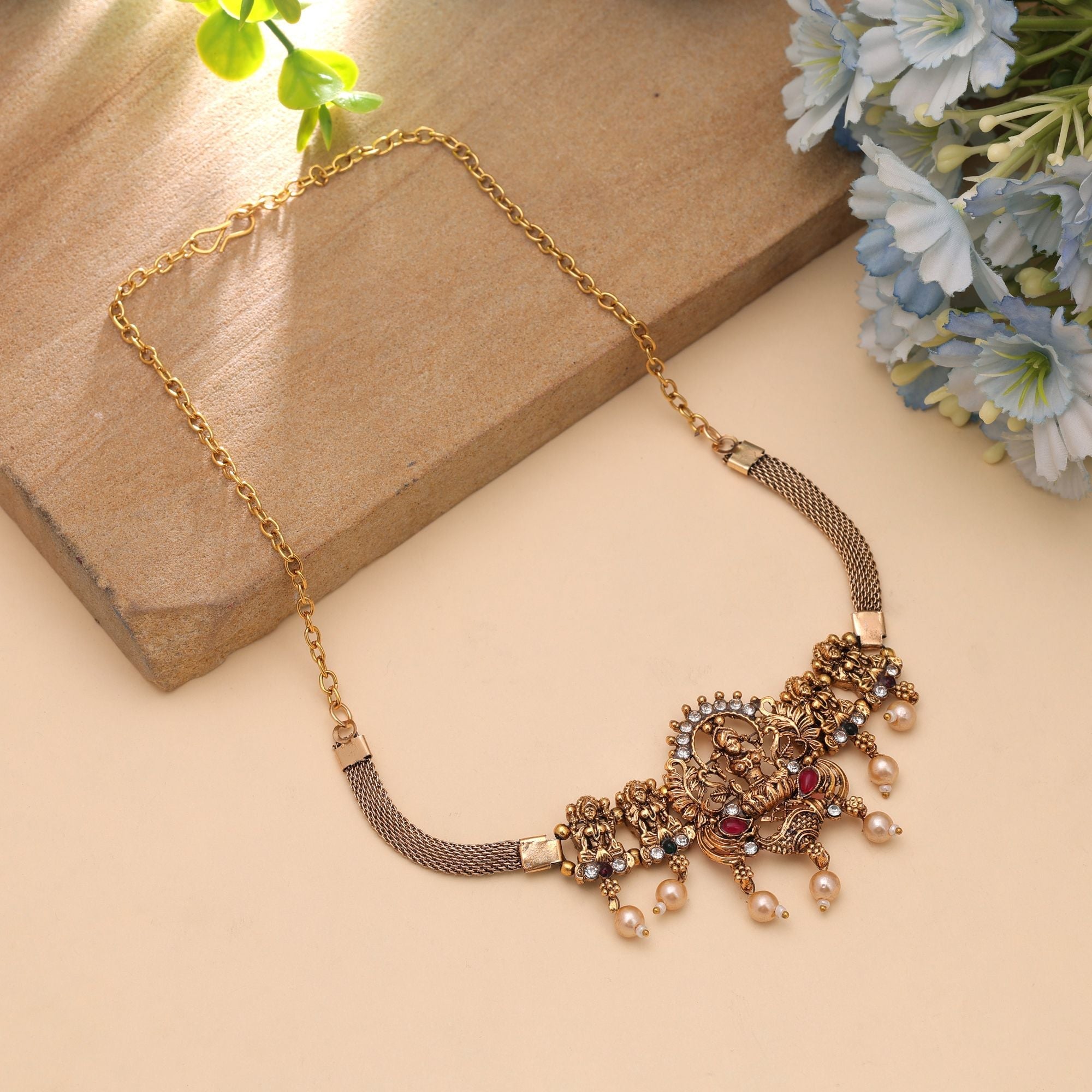 Maroon & Green Color Designer Temple Necklace