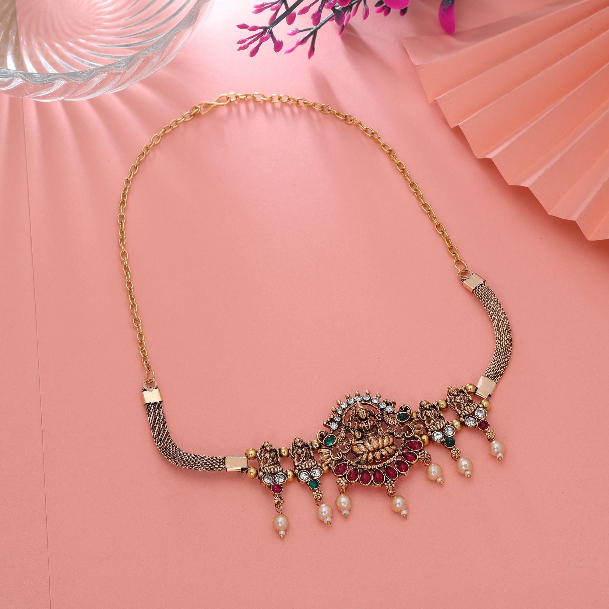 Maroon & Green Color Heritage Temple Necklace