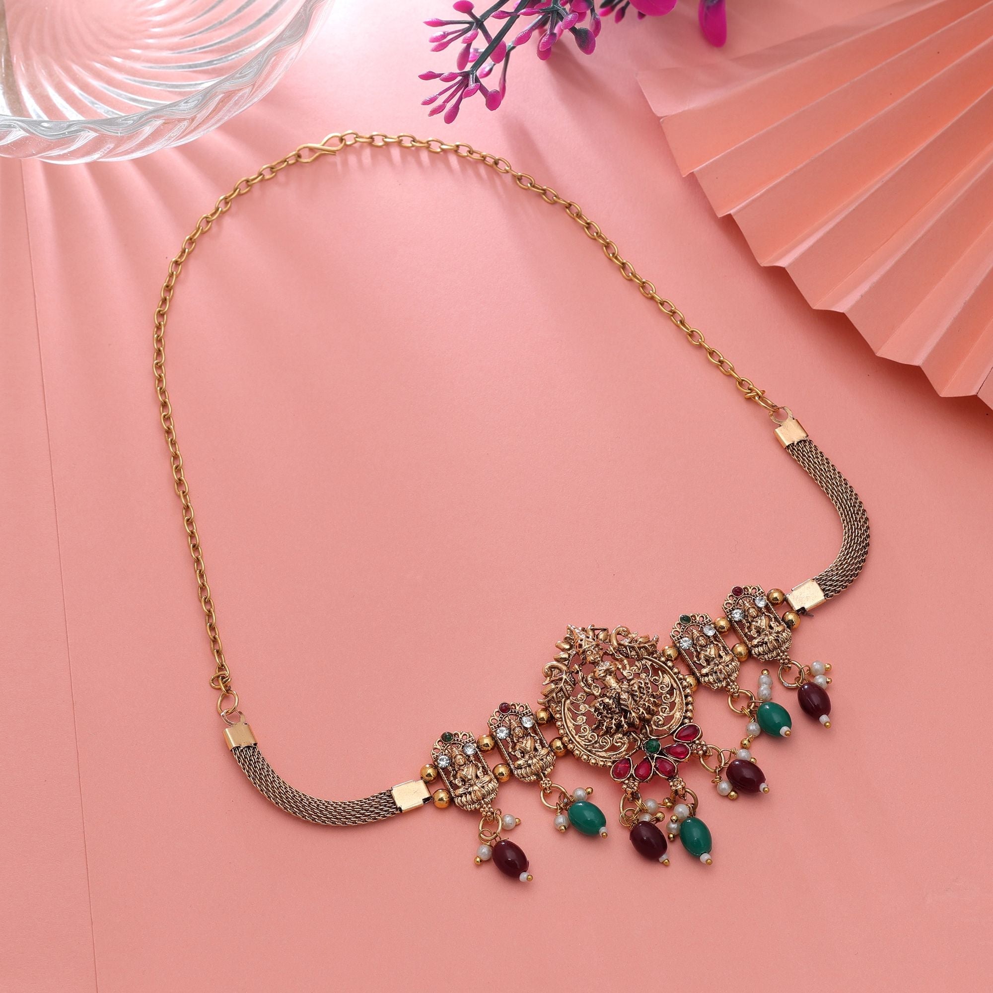 Maroon & Green Color Traditional Temple Necklace