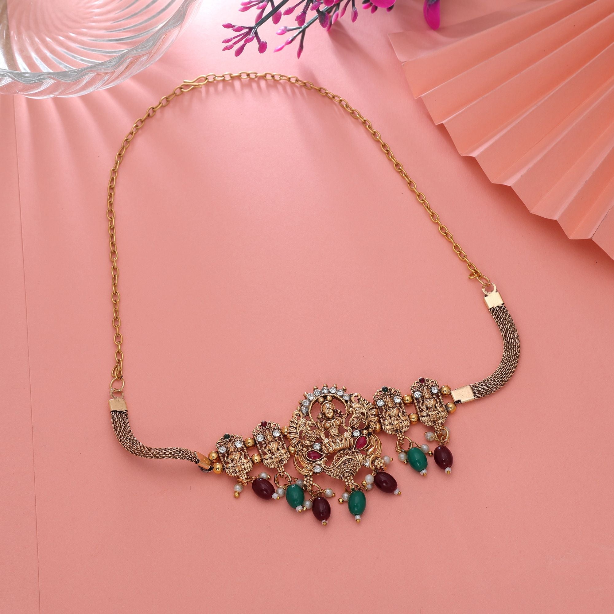 Maroon & Green Color Antique Temple Necklace