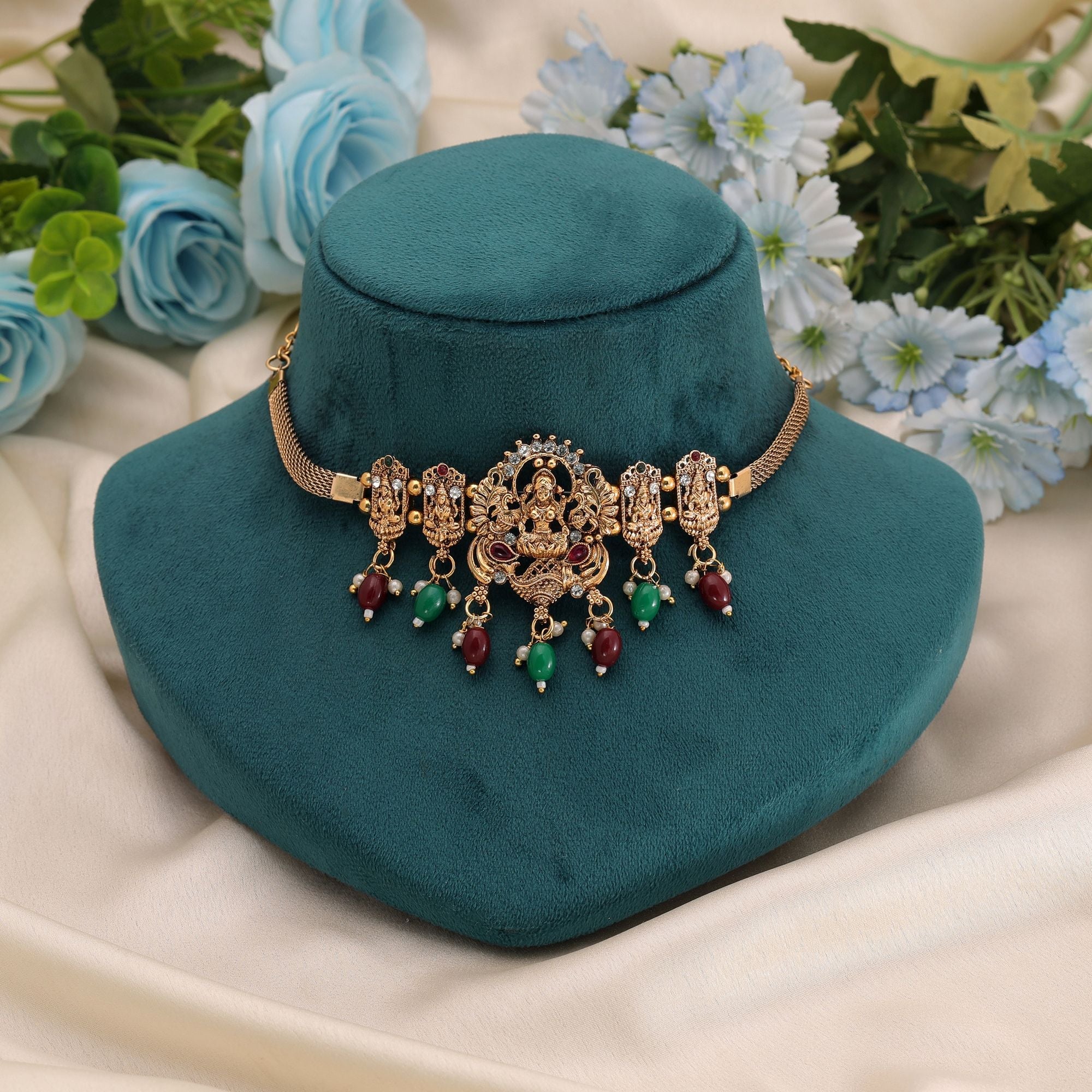 Maroon & Green Color Antique Temple Necklace